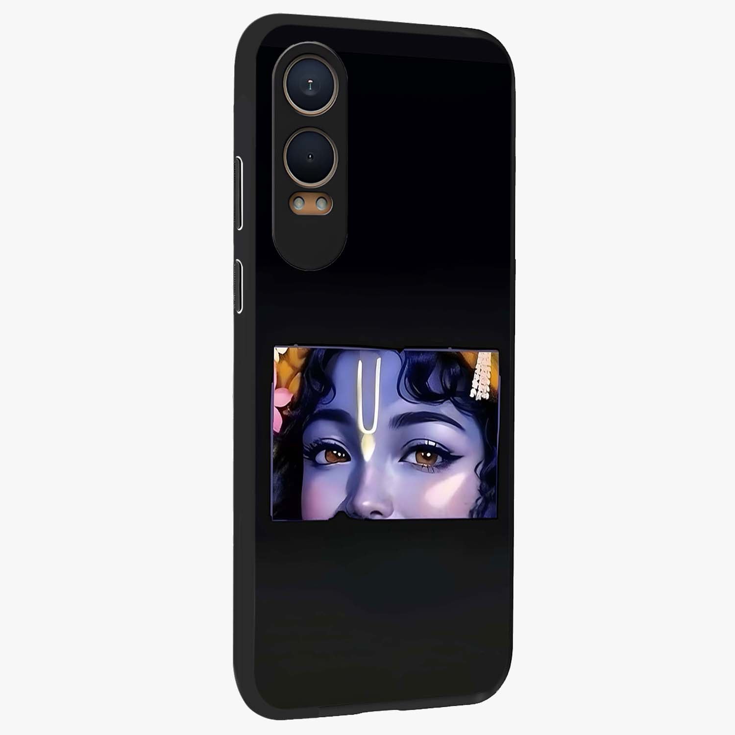 Krishna Divine Embrace Glass Case for 1+Nord CE 4 Lite side perspective highlighting intricate divine illustration and premium edges