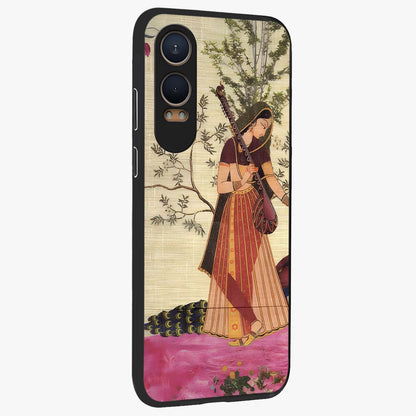Lady With Veena Art Glass Case for 1+Nord CE 4 Lite side perspective highlighting graceful illustration textures and sleek build