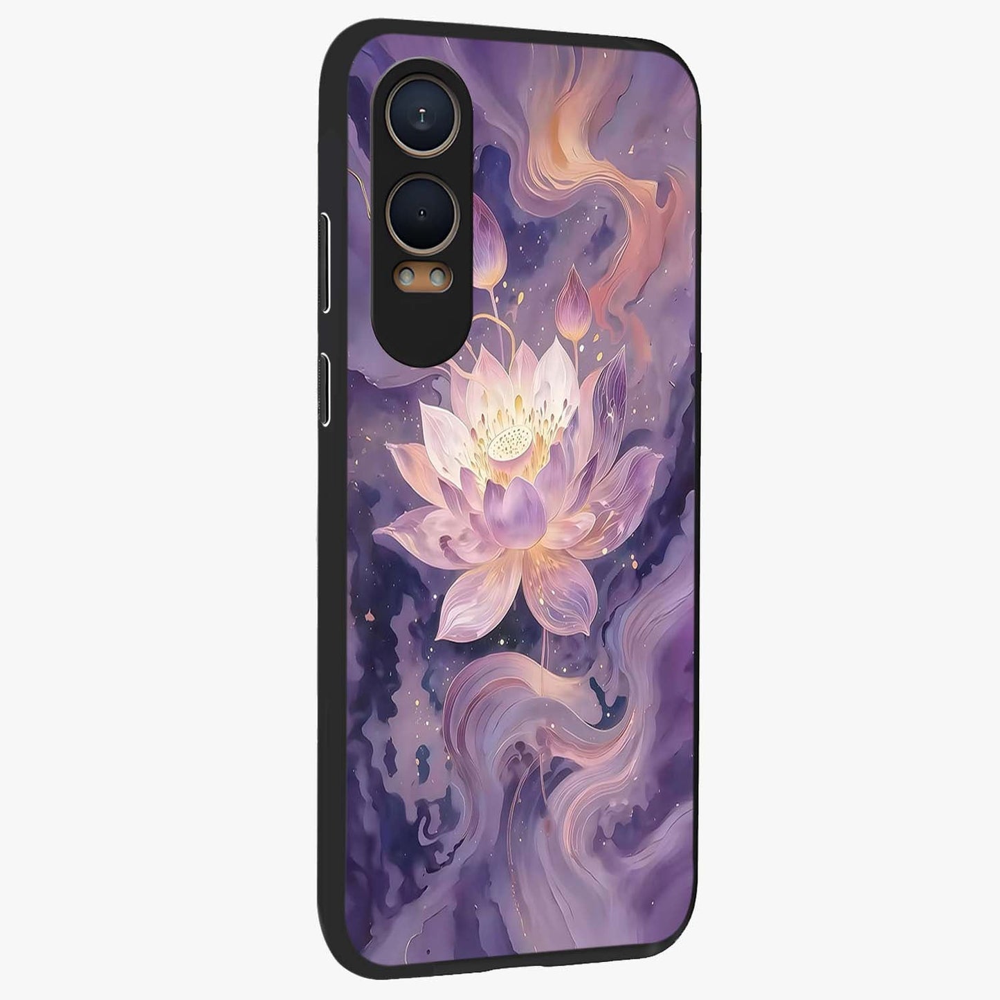 Lavender Lotus Muse Glass Case for 1+Nord CE 4 Lite side perspective highlighting serene lotus textures and premium edges