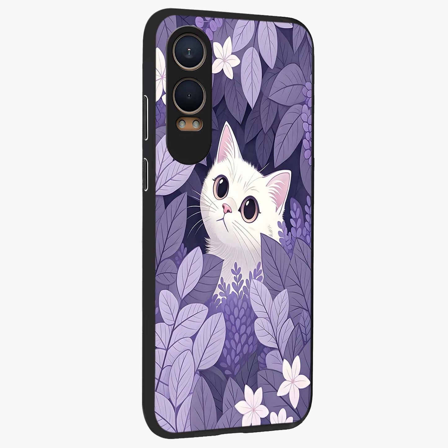Lilac Hide Peek Cat Glass Case for 1+Nord CE 4 Lite side perspective highlighting charming feline textures and smooth edges