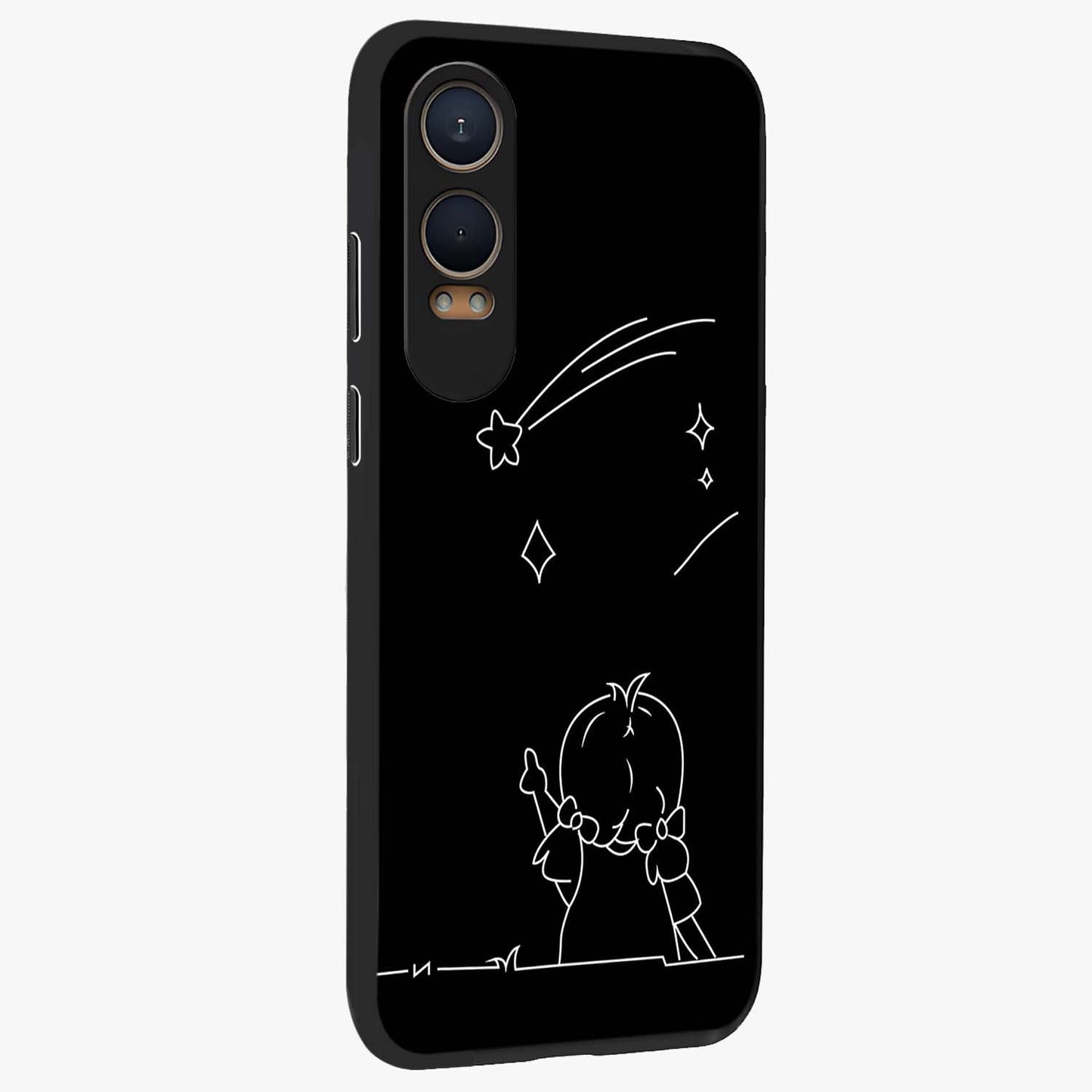 Line Art Girl With Shooting Stars Glass Case for 1+Nord Ce 4 Lite side perspective highlighting subtle star textures and premium build