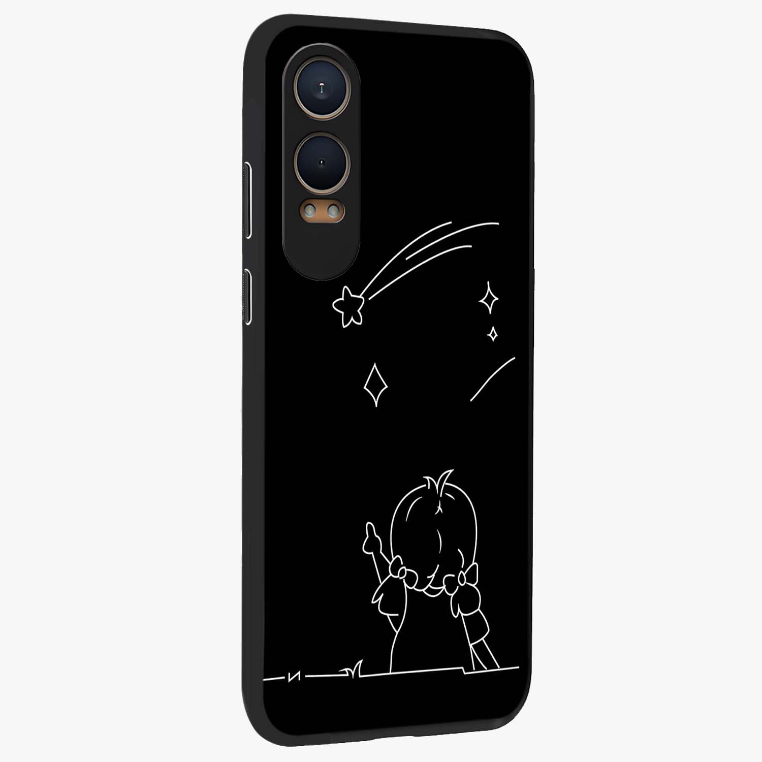 Line Art Girl With Shooting Stars Glass Case for 1+Nord Ce 4 Lite side perspective highlighting subtle star textures and premium build