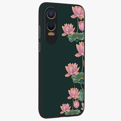 Lotus Bloom Serenity Glass Case for 1+Nord CE 4 Lite side perspective highlighting delicate petal textures and premium edges