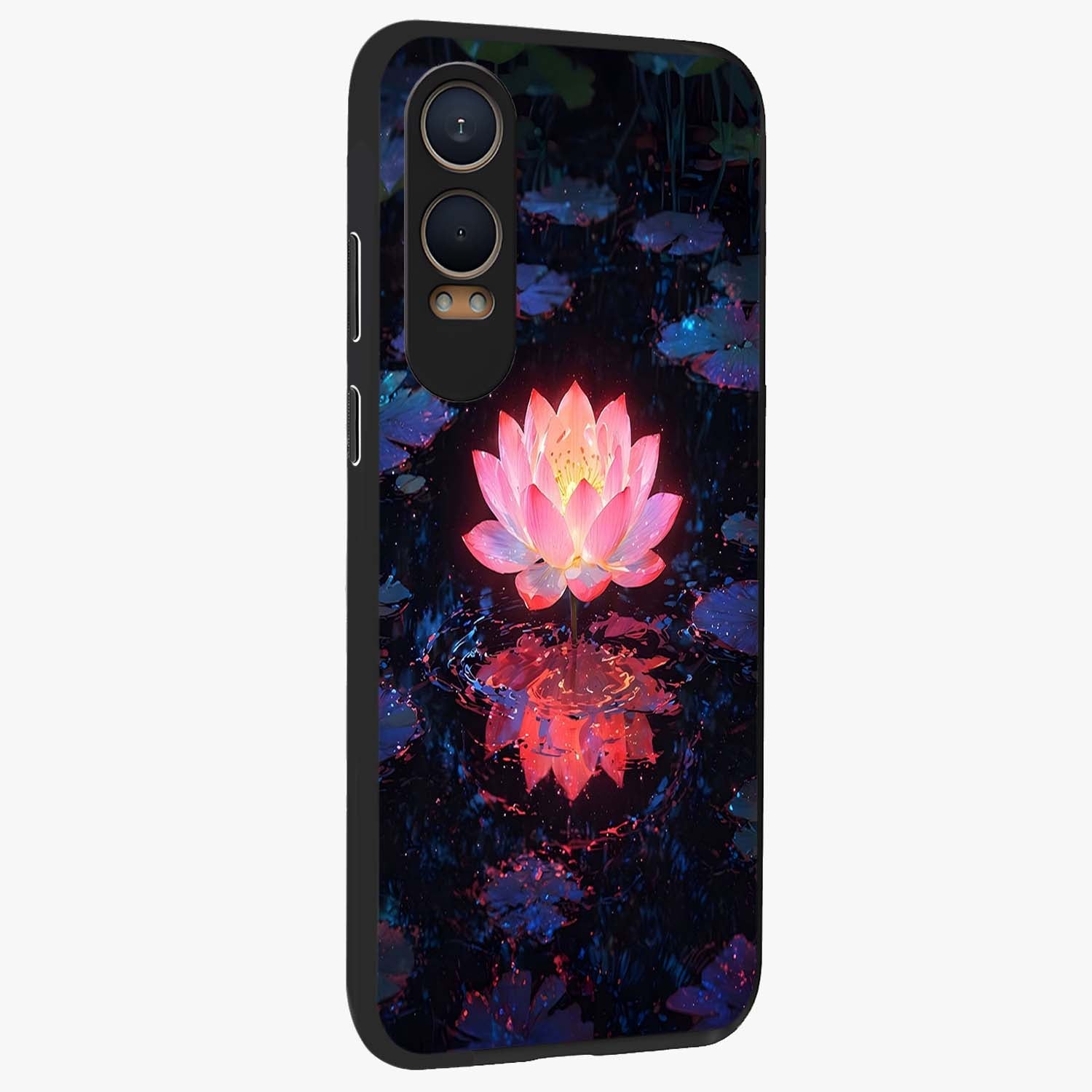 Luminous Lotus Glow Glass Case for 1+Nord CE 4 Lite side perspective highlighting serene floral textures and premium edges