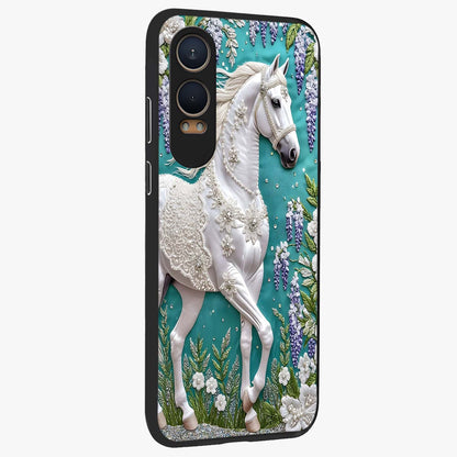 Majestic Floral Stallion Glass Case for 1+Nord CE 4 Lite side perspective highlighting refined equestrian textures and premium edges