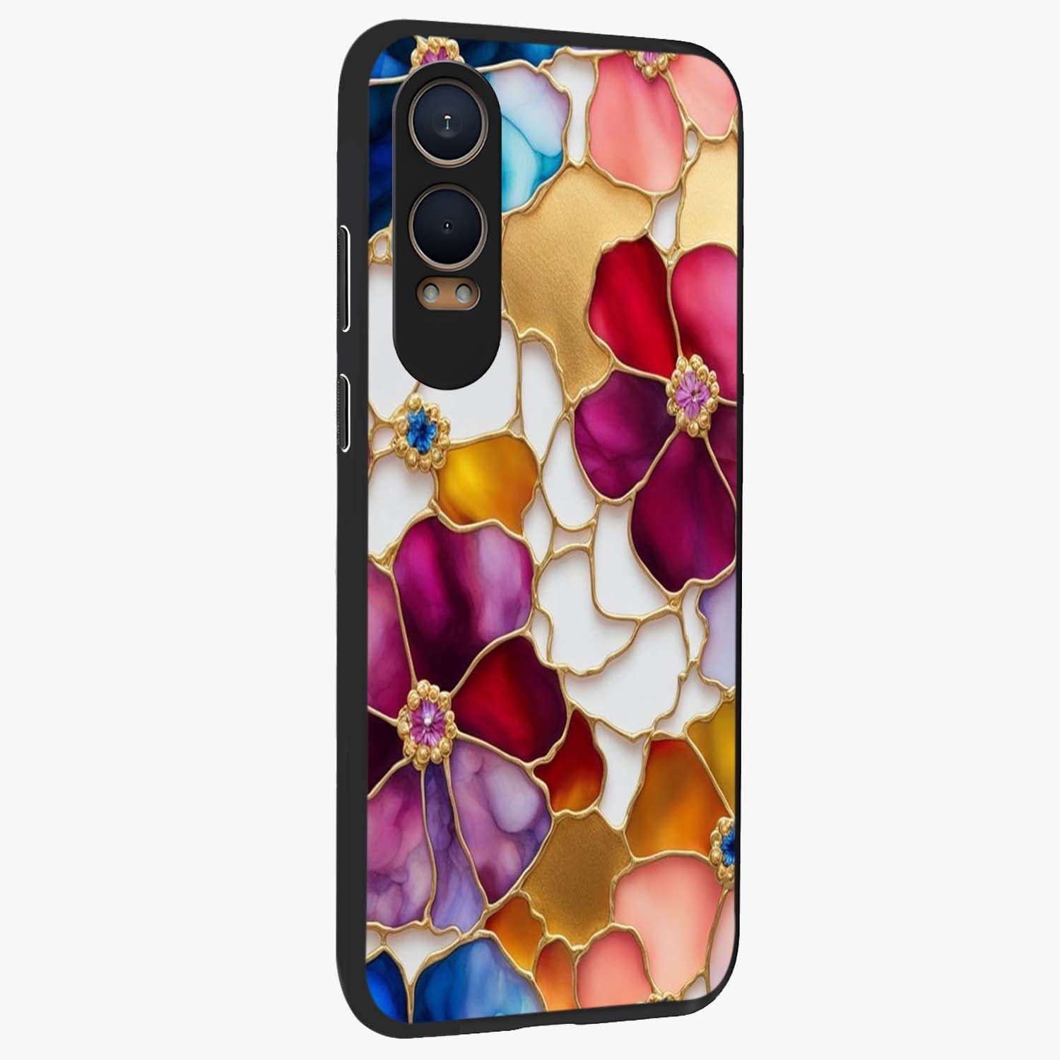 Marble Flower Pattern Glass Case for 1+Nord CE 4 Lite side perspective highlighting elegant marble textures and sleek build