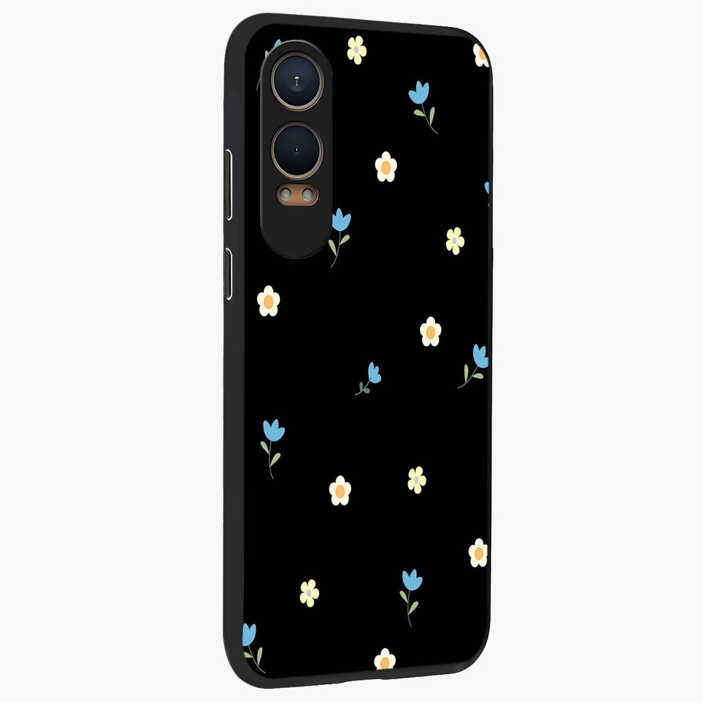 Minimalistic Blue With White Flower Pattern Glass Case for 1+Nord Ce 4 Lite side perspective highlighting subtle floral textures and premium edges