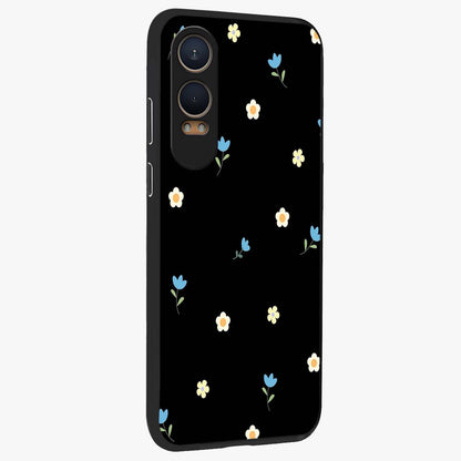 Minimalistic Blue With White Flower Pattern Glass Case for 1+Nord Ce 4 Lite side perspective highlighting subtle floral textures and premium edges