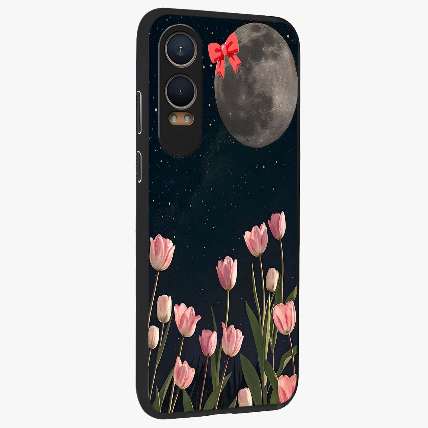Moonlit Night Tulip Glass Case for 1+Nord Ce 4 Lite side perspective highlighting delicate petal textures and sleek build
