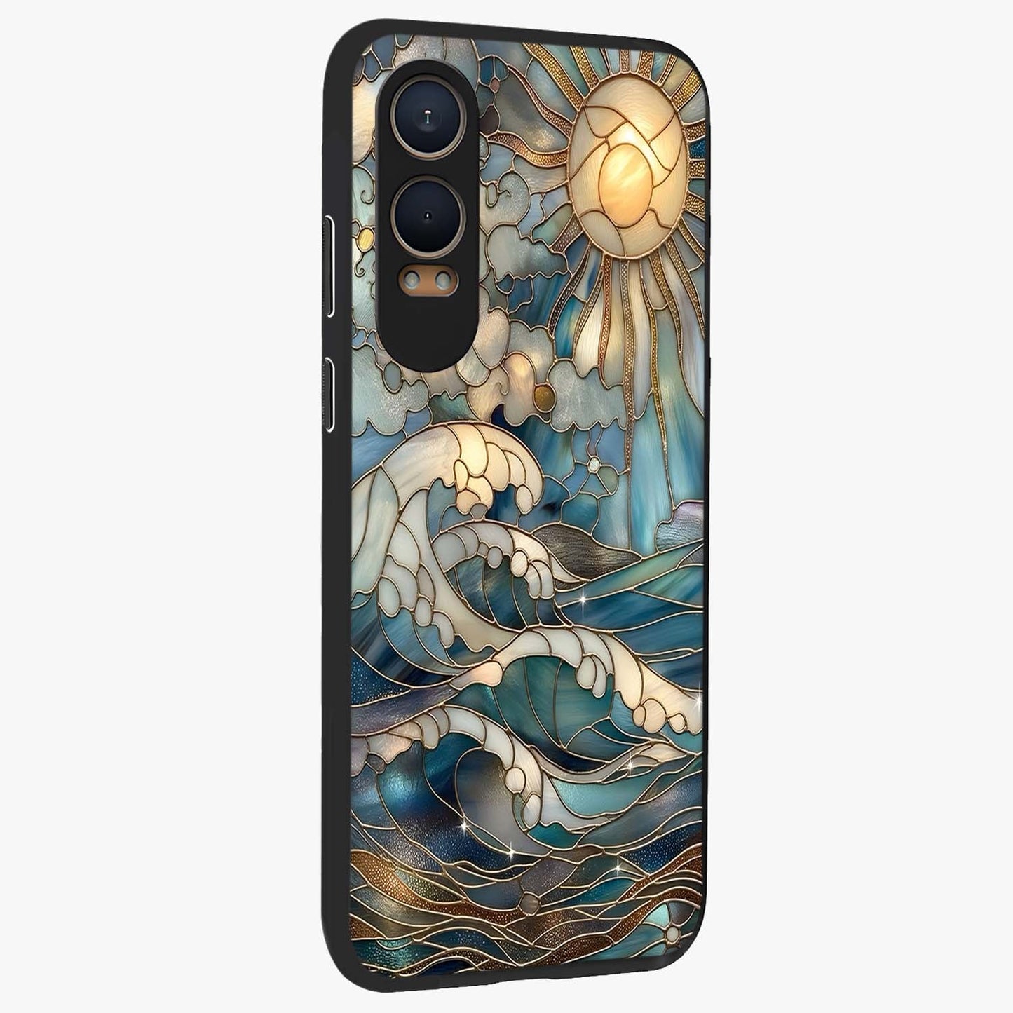 Ocean Mosaic Art Glass Case for 1+Nord Ce 4 Lite side perspective highlighting intricate tile textures and smooth build