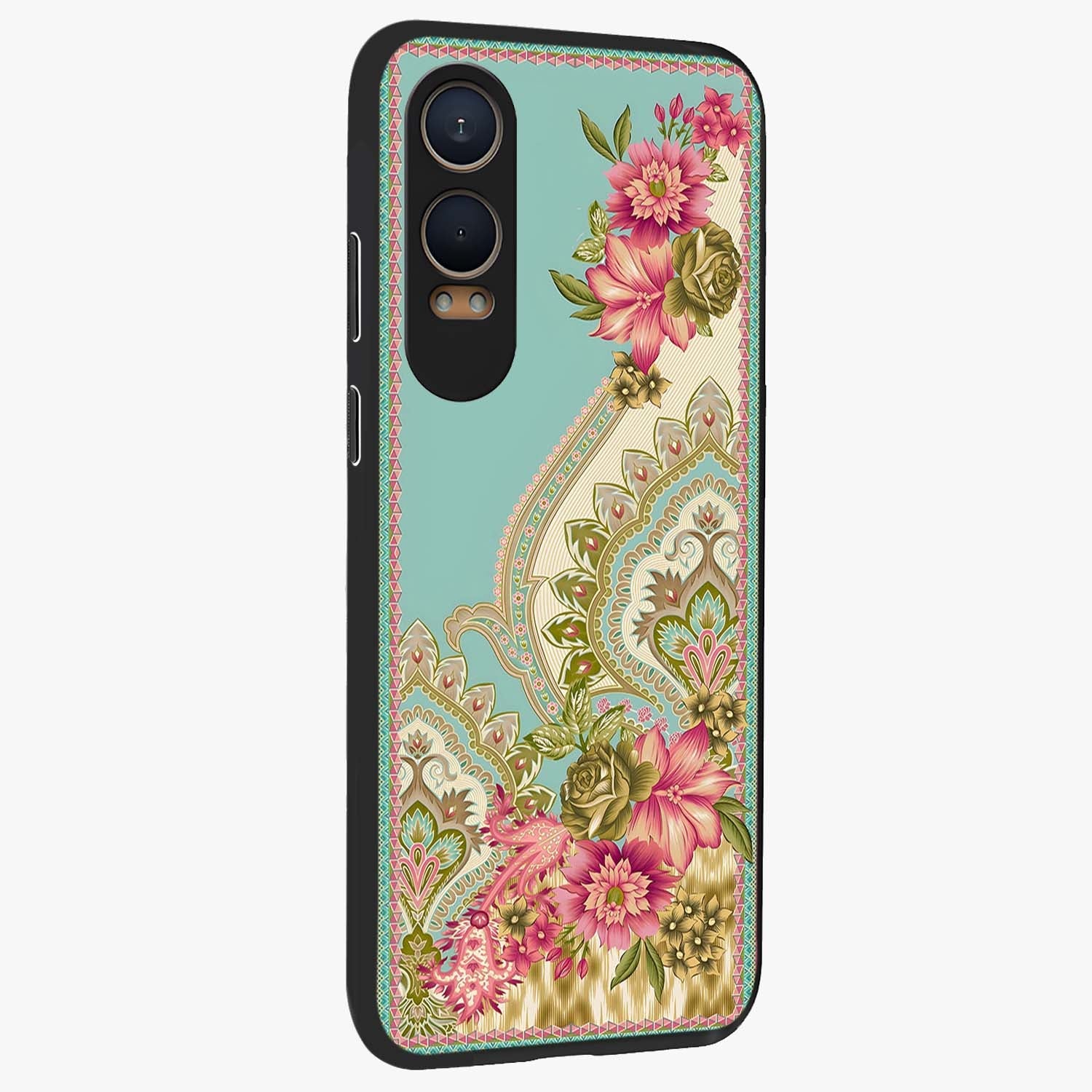 Ornate Mughal Floral Pattern Glass Case for 1+Nord Ce 4 Lite side perspective highlighting detailed ornamental textures and sleek build
