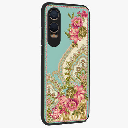 Ornate Mughal Floral Pattern Glass Case for 1+Nord Ce 4 Lite side perspective highlighting detailed ornamental textures and sleek build