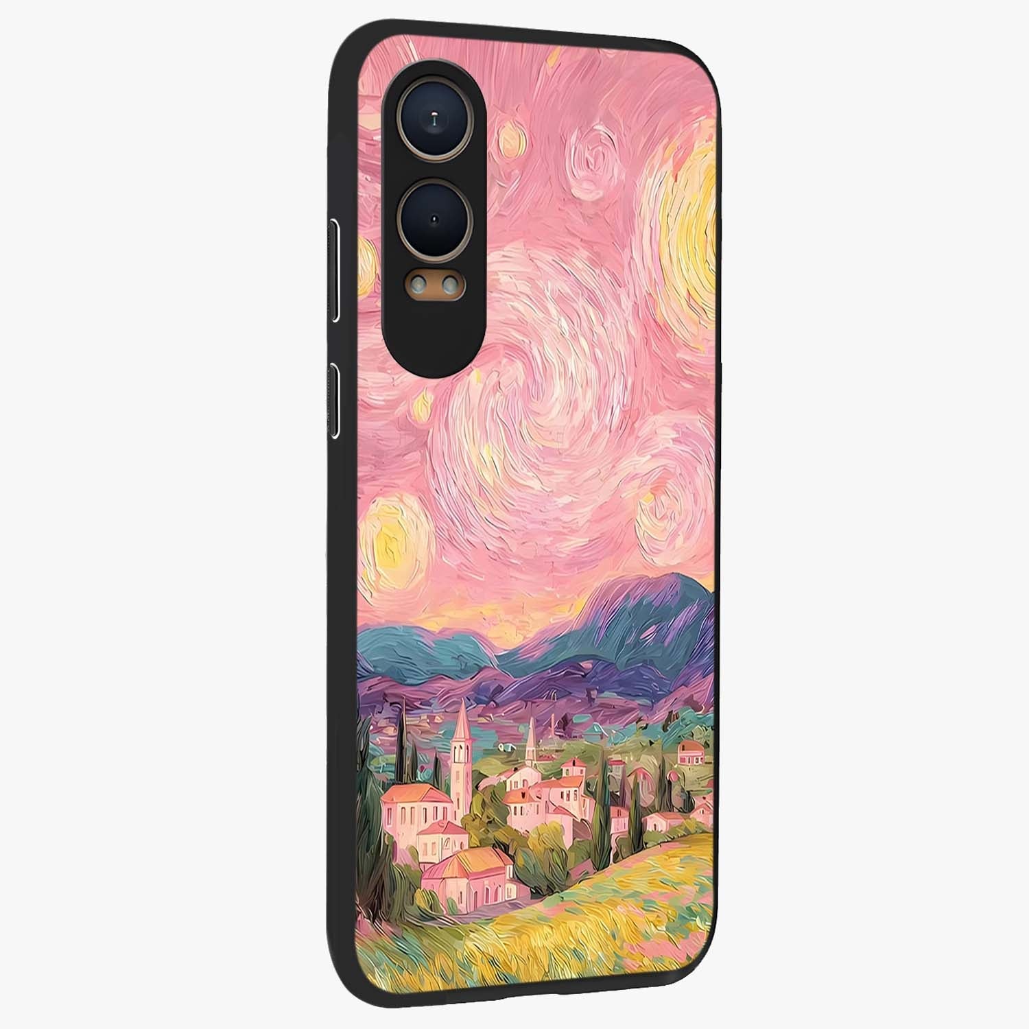 Pastel Starry Village Glass Case for 1+Nord Ce 4 Lite side perspective highlighting serene scenic textures and premium edges