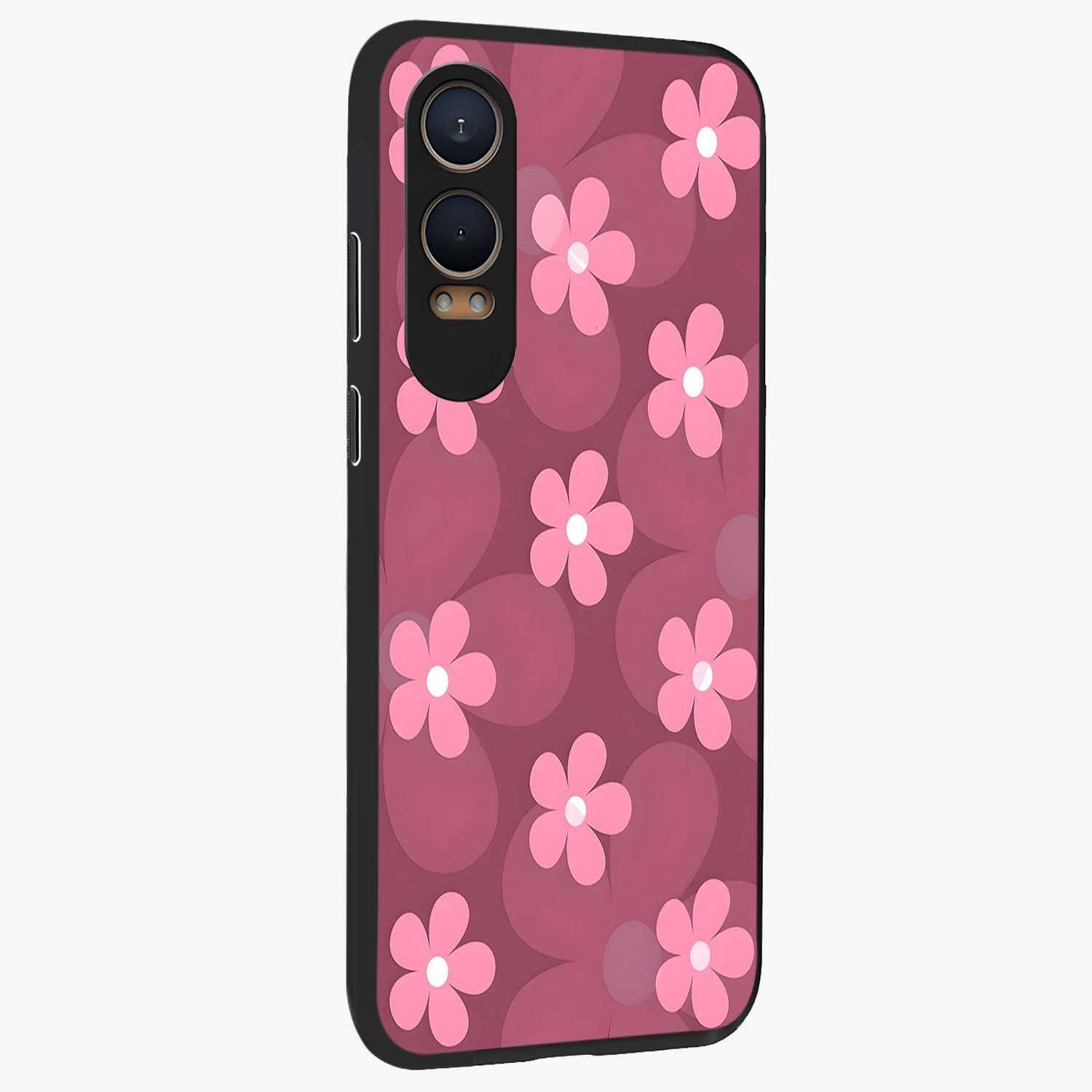Pink Daisy Flower Pattern Glass Case for 1+Nord CE 4 Lite side perspective highlighting bright floral textures and smooth build