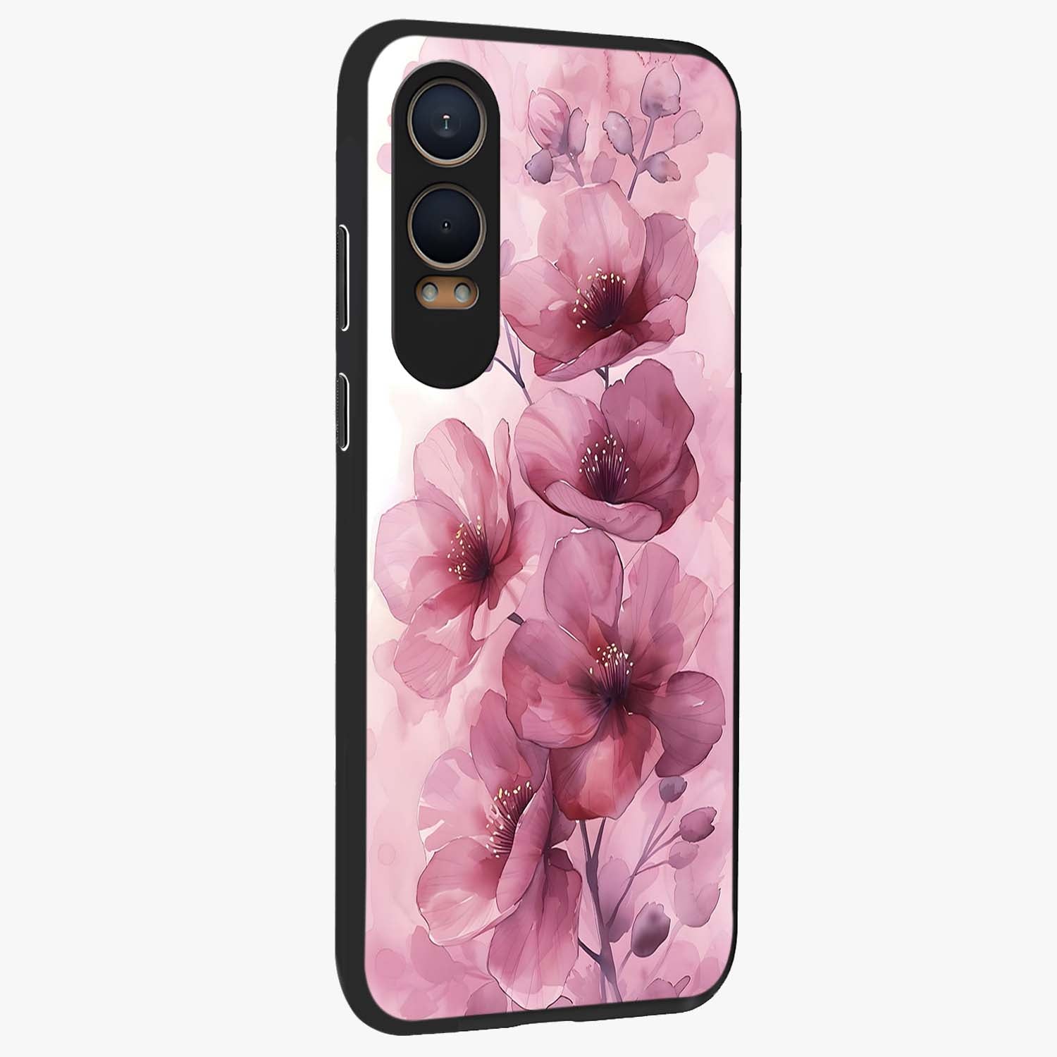 Pink Floral Glass Case for 1+Nord CE 4 Lite side perspective highlighting subtle floral textures and premium edges