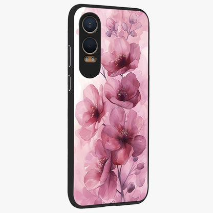 Pink Floral Glass Case for 1+Nord CE 4 Lite side perspective highlighting subtle floral textures and premium edges