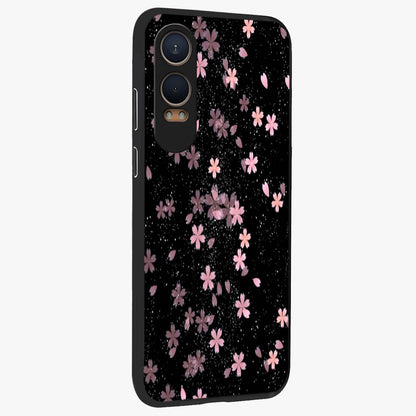 Pink Flower Black Background Glass Case for 1+Nord CE 4 Lite side perspective highlighting vivid bloom textures and sleek build