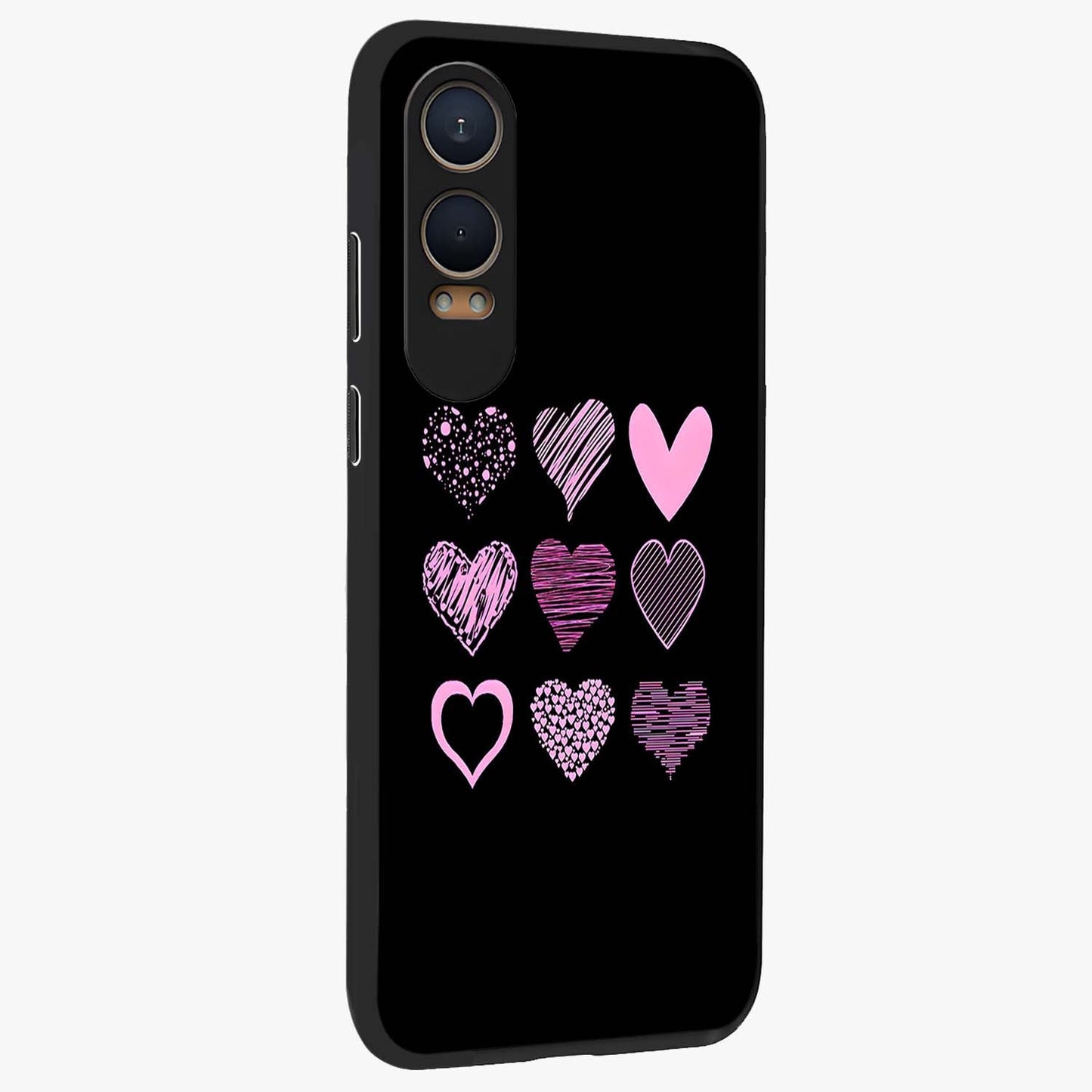 Pink Heart Aesthetic Glass Case for 1+Nord CE 4 Lite side perspective highlighting smooth textures and premium edge finish