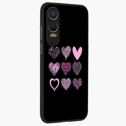 Pink Heart Aesthetic Glass Case for 1+Nord CE 4 Lite side perspective highlighting smooth textures and premium edge finish