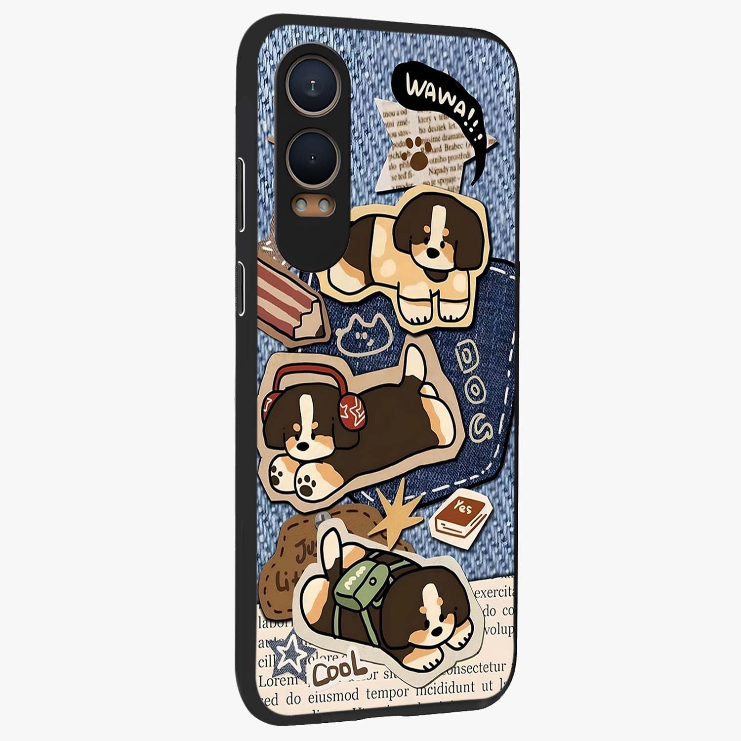 Puppy Sticker Parade Glass Case for 1+Nord CE 4 Lite side perspective highlighting fun sticker textures and premium edges