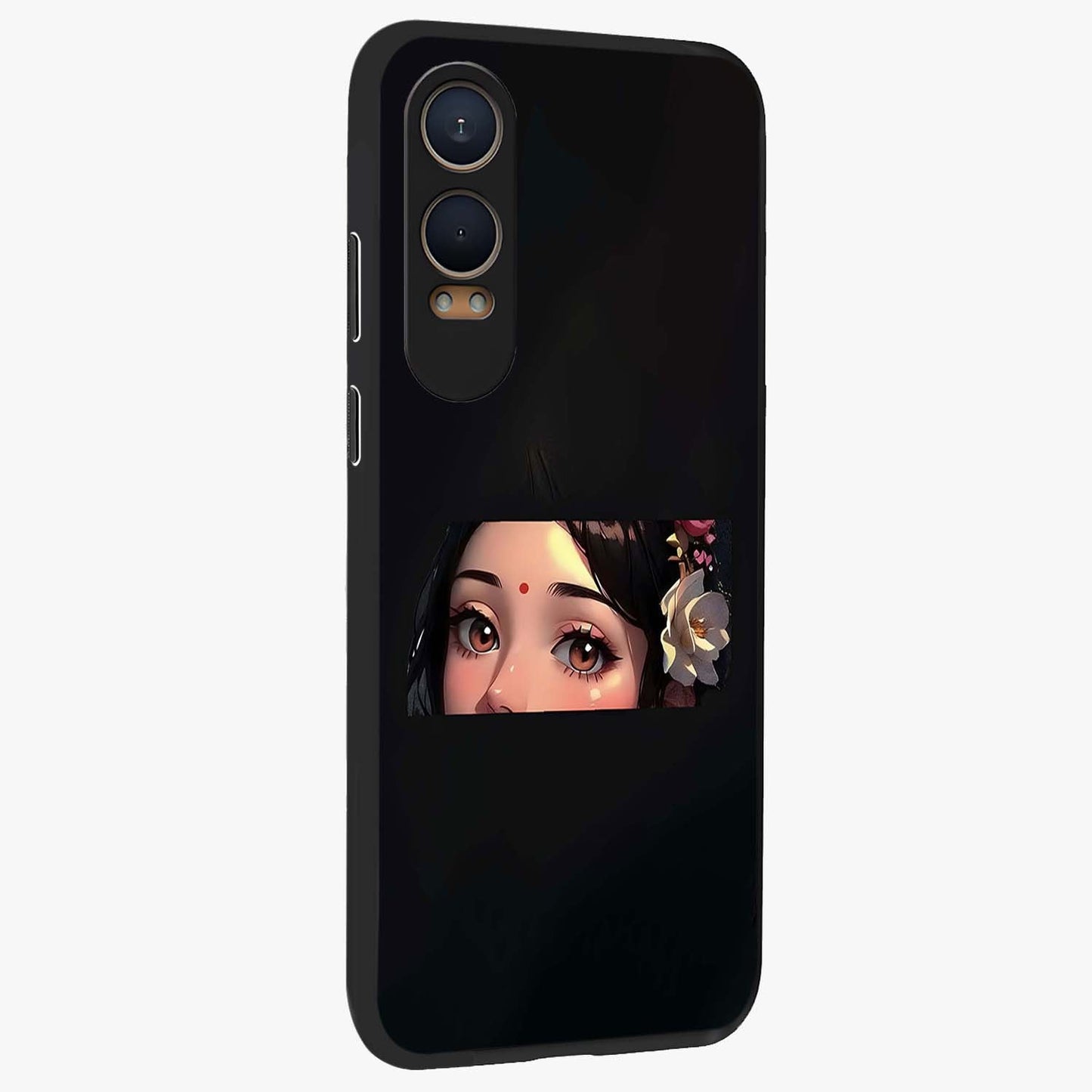 Radha Divine Embrace Glass Case for 1+Nord Ce 4 Lite side perspective highlighting intricate divine detailing and premium edges