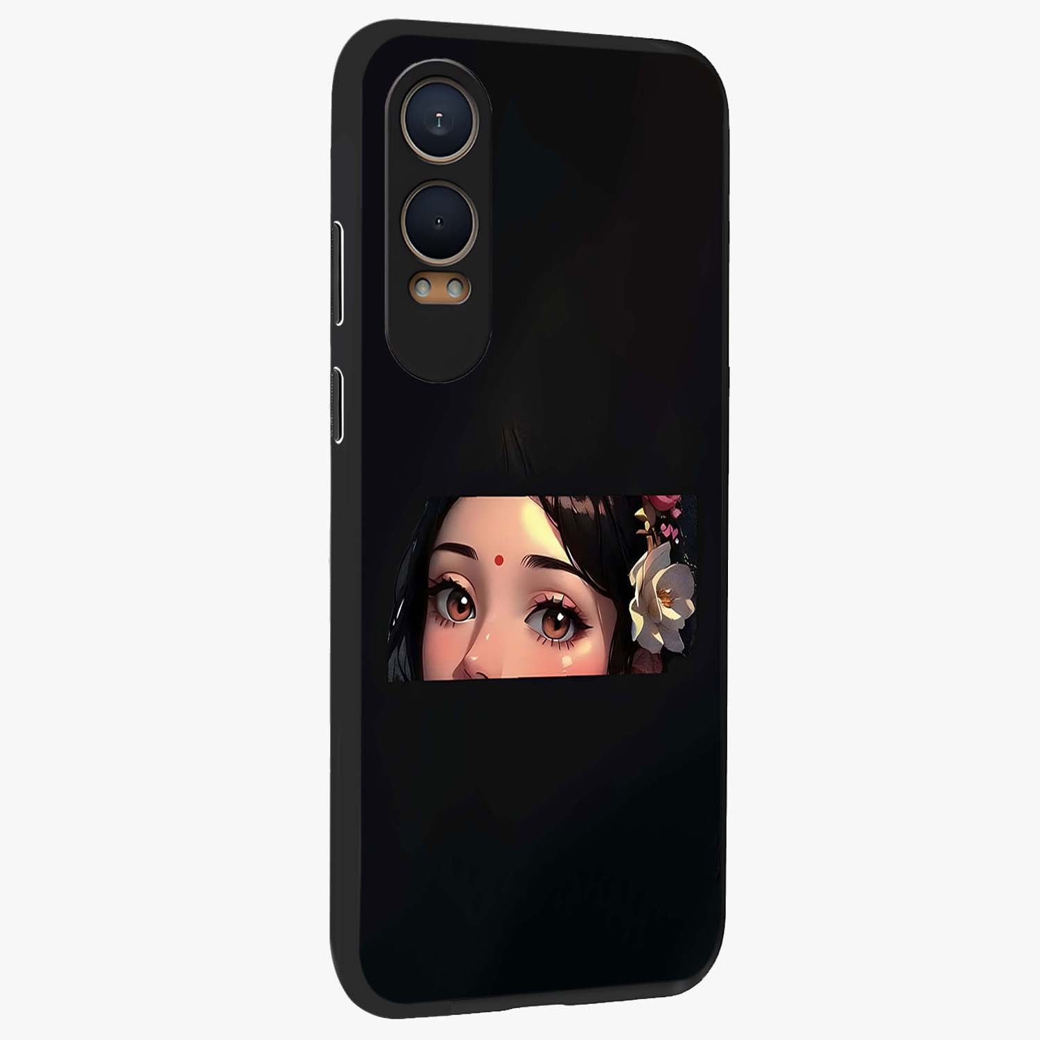 Radha Divine Embrace Glass Case for 1+Nord Ce 4 Lite side perspective highlighting intricate divine detailing and premium edges