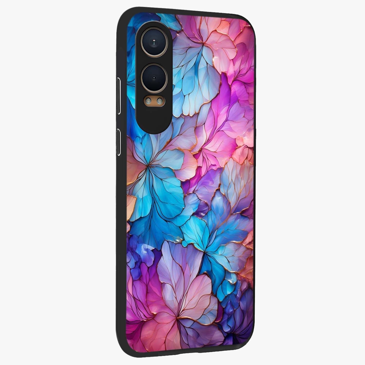 Radiant Floral Whirl Glass Case for 1+Nord Ce 4 Lite side perspective highlighting flowing textures and premium edges