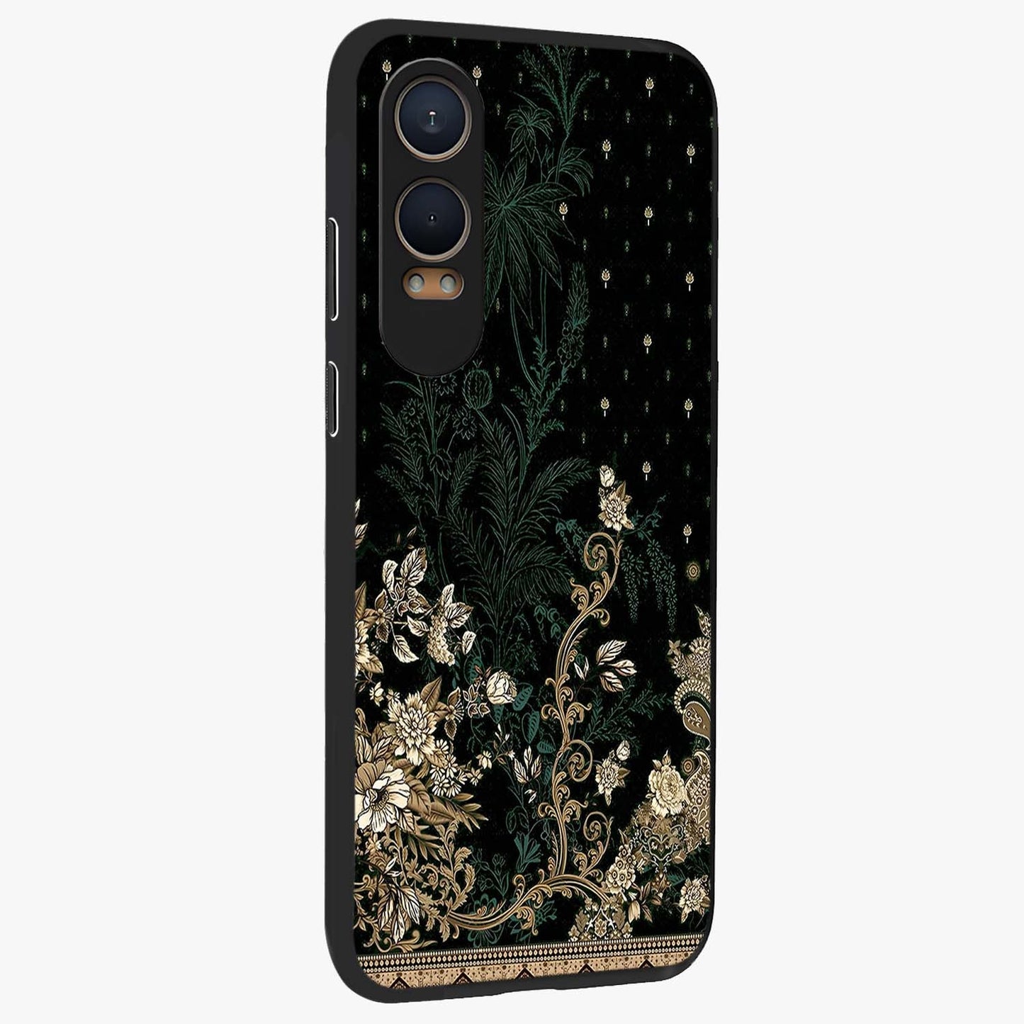 Regal Botanical Tapestry Glass Case for 1+Nord CE 4 Lite side perspective highlighting detailed floral textures and sleek premium build