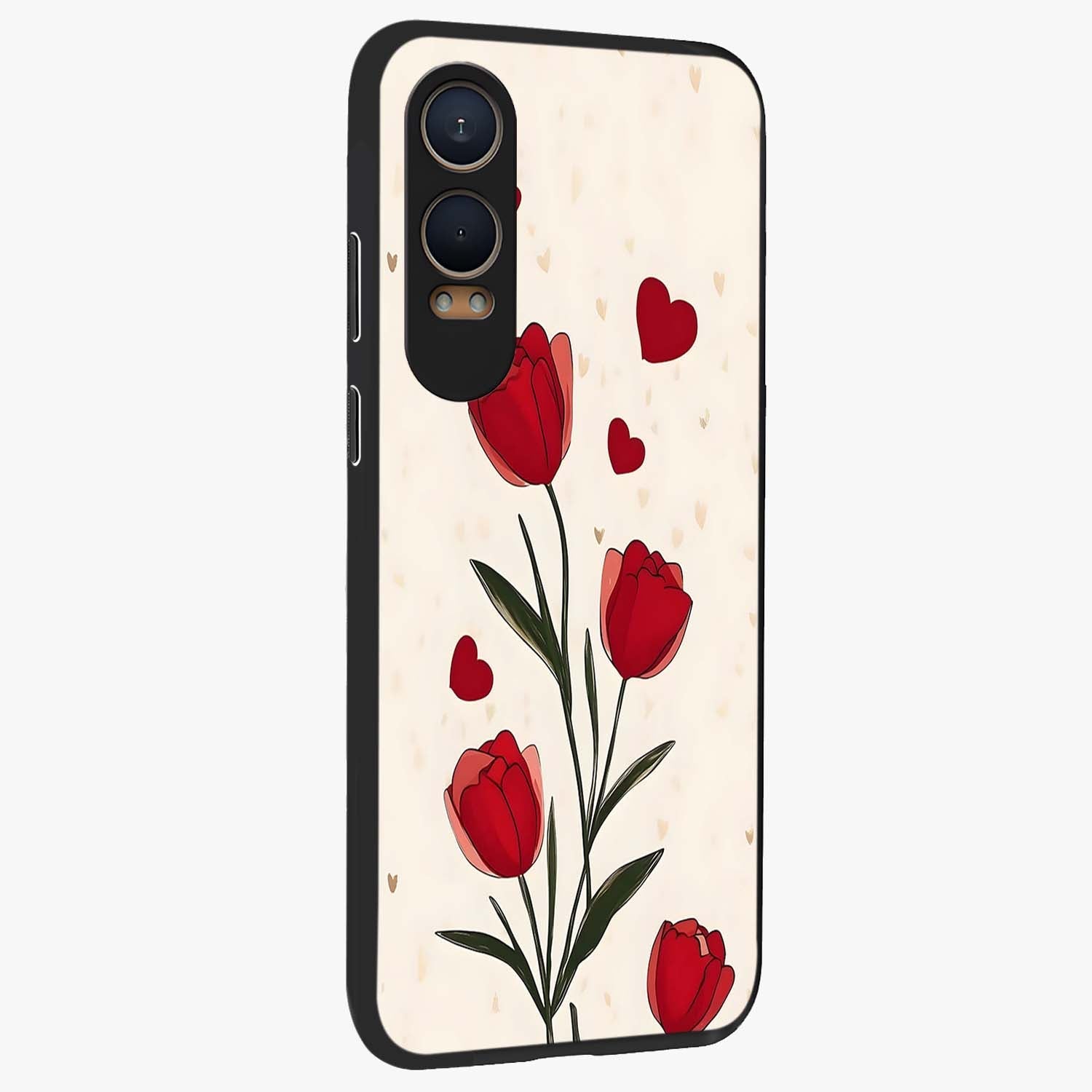 Romantic Tulip Hearts Glass Case for 1+Nord CE 4 Lite side perspective highlighting delicate bloom textures and premium edges