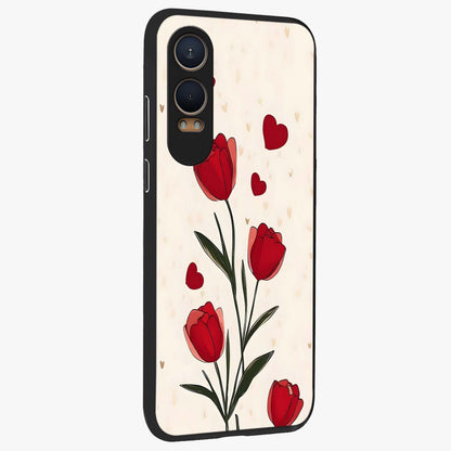 Romantic Tulip Hearts Glass Case for 1+Nord CE 4 Lite side perspective highlighting delicate bloom textures and premium edges