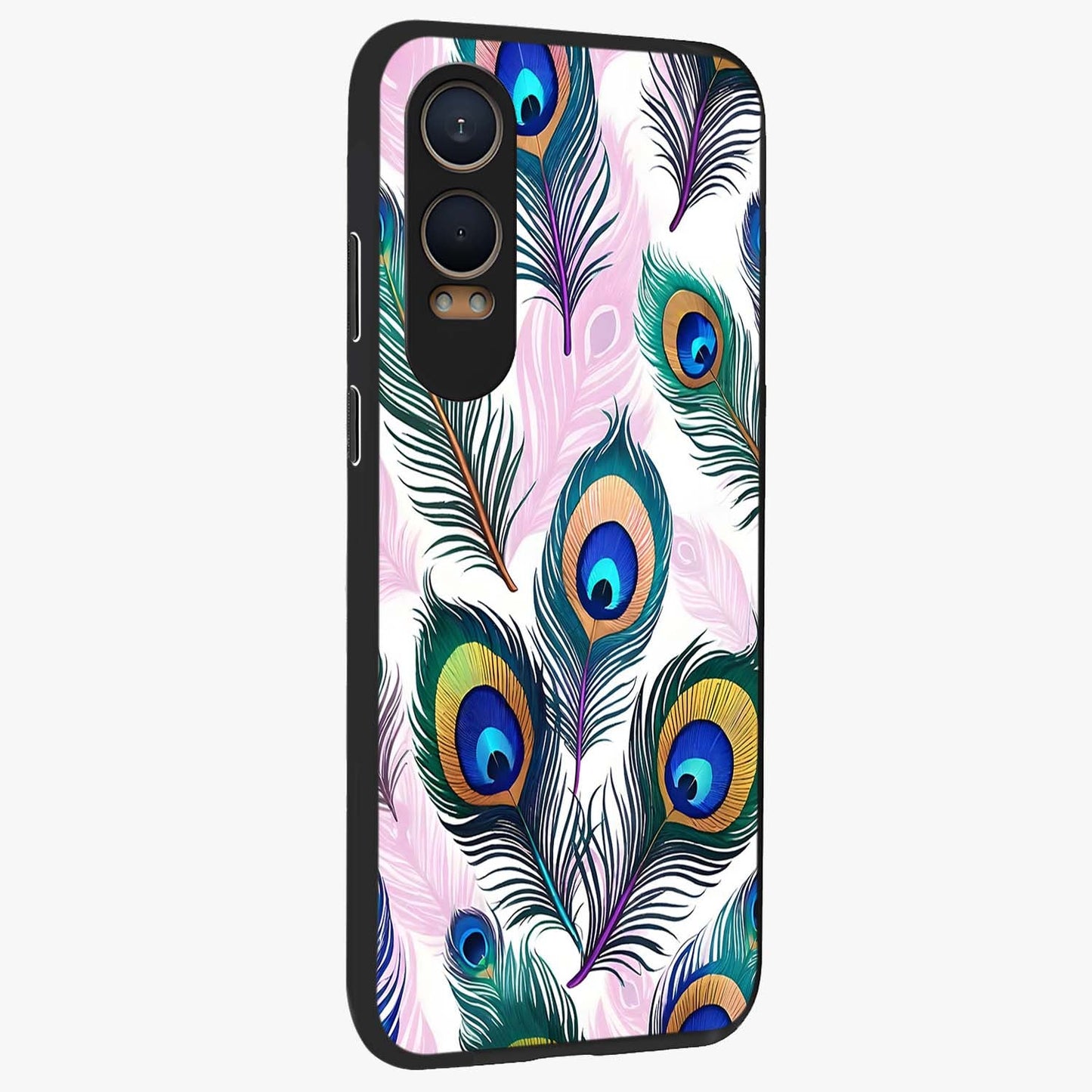 Royal Peacock Feathers Glass Case for 1+Nord CE 4 Lite side perspective highlighting intricate plume textures and sleek premium build