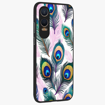 Royal Peacock Feathers Glass Case for 1+Nord CE 4 Lite side perspective highlighting intricate plume textures and sleek premium build