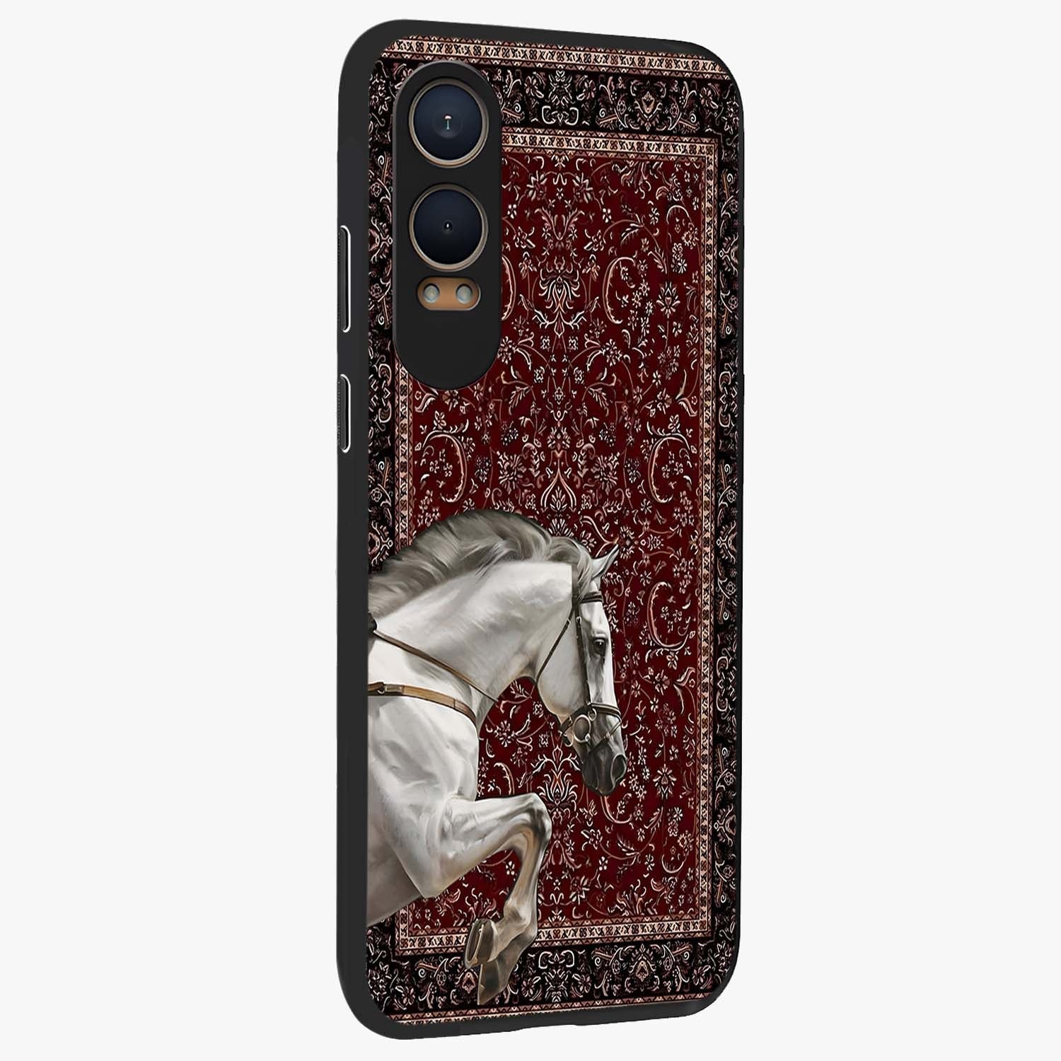 Royal Rider Tapestry Glass Case for 1+Nord Ce 4 Lite side perspective highlighting intricate textures and premium edges