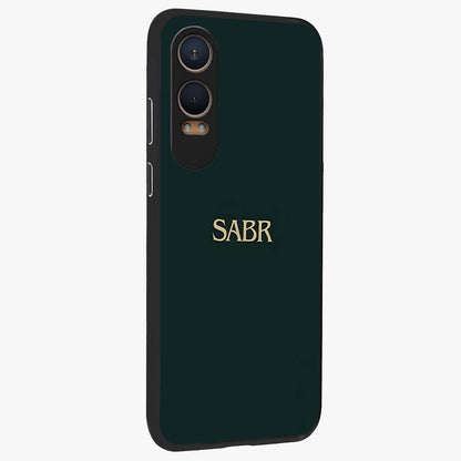Sabr Minimal Patience Glass Case for 1+Nord CE 4 Lite side perspective highlighting elegant text detailing and sleek build
