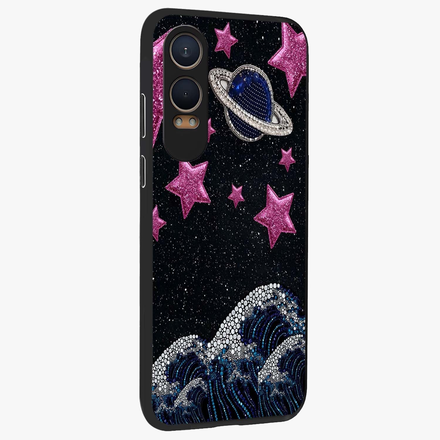 Saturn Pink Storm Glass Case for 1+Nord CE 4 Lite side perspective highlighting planetary textures and premium edges