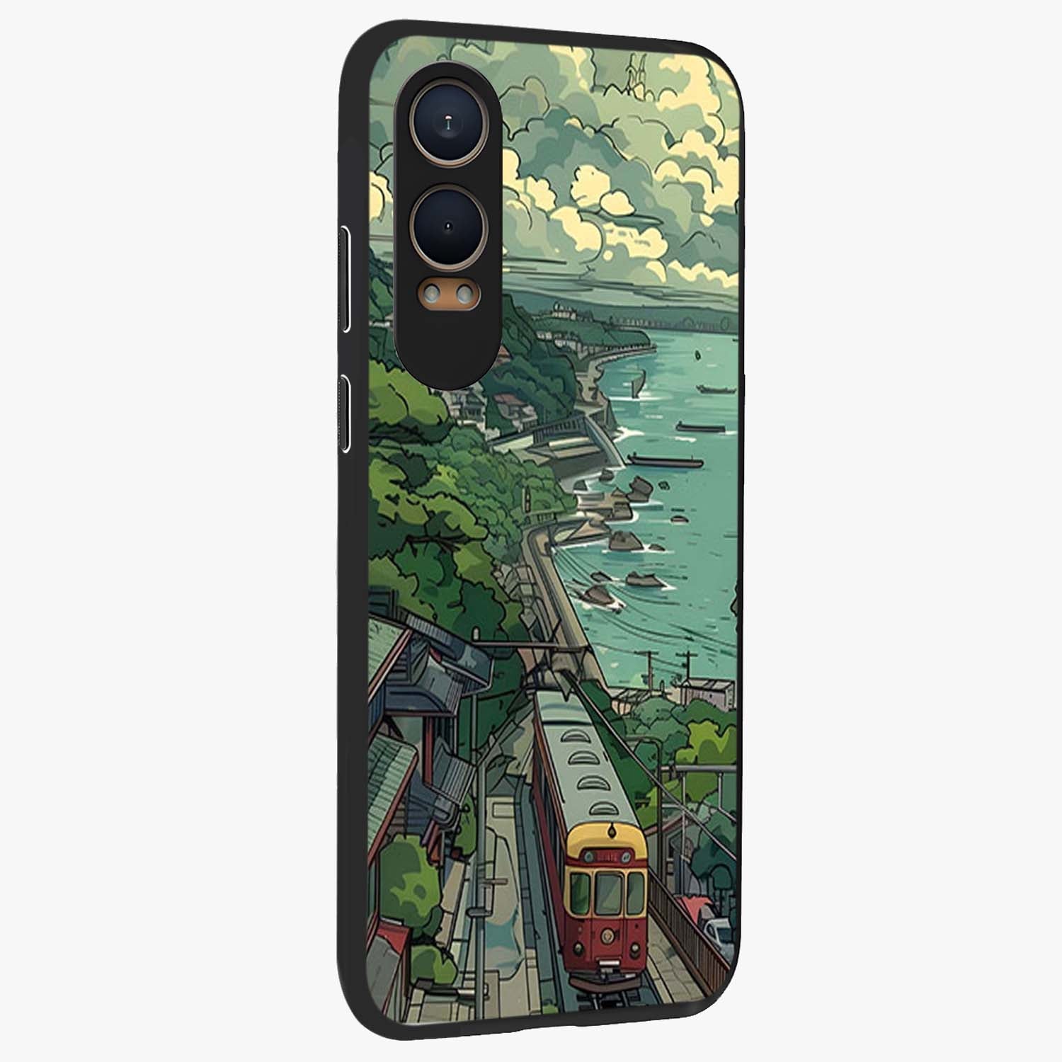 Seaside Train Ride Glass Case for 1+Nord Ce 4 Lite side perspective highlighting detailed scenery textures and premium edges