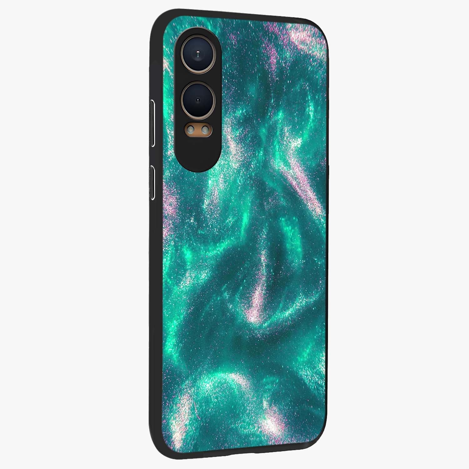 Shimmering Nebula Waves Glass Case for 1+Nord CE 4 Lite side perspective highlighting luminous textures and smooth build
