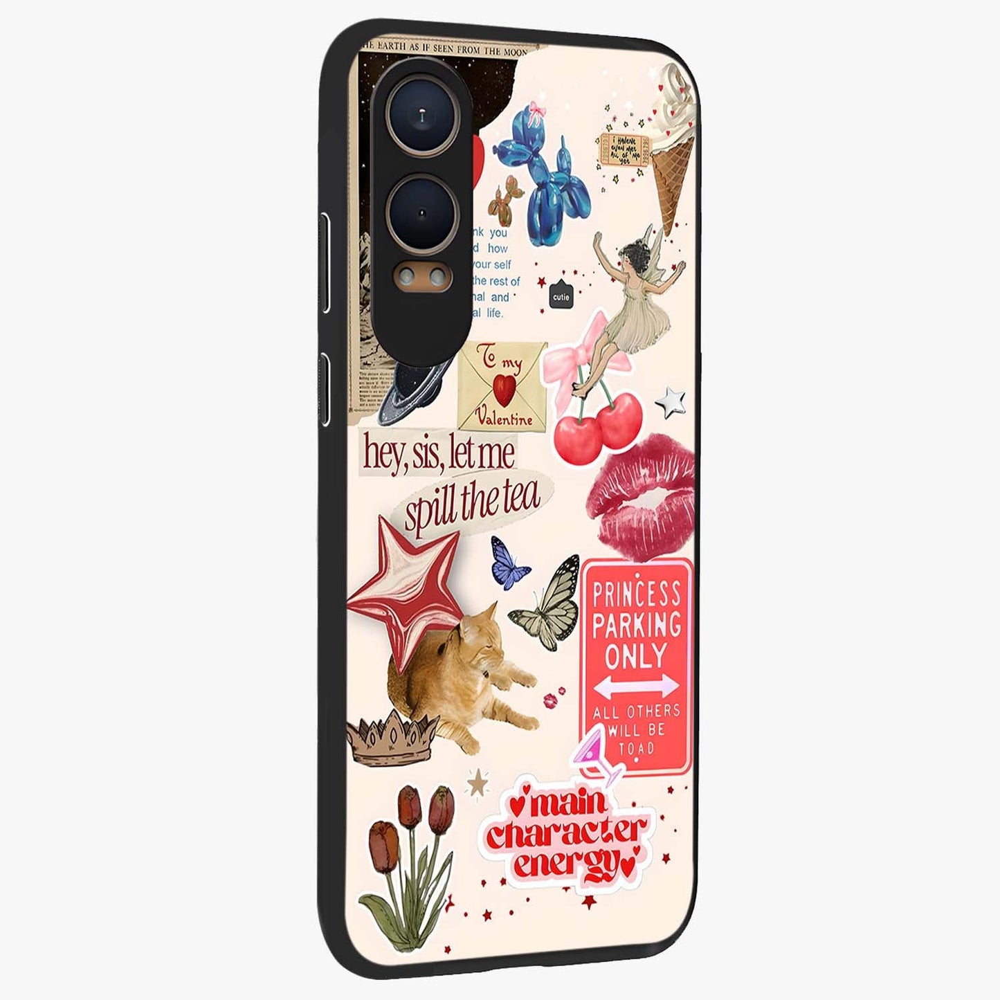 Spill the Tea Retro Collage Glass Case for 1+Nord CE 4 Lite side perspective highlighting layered textures and sleek build