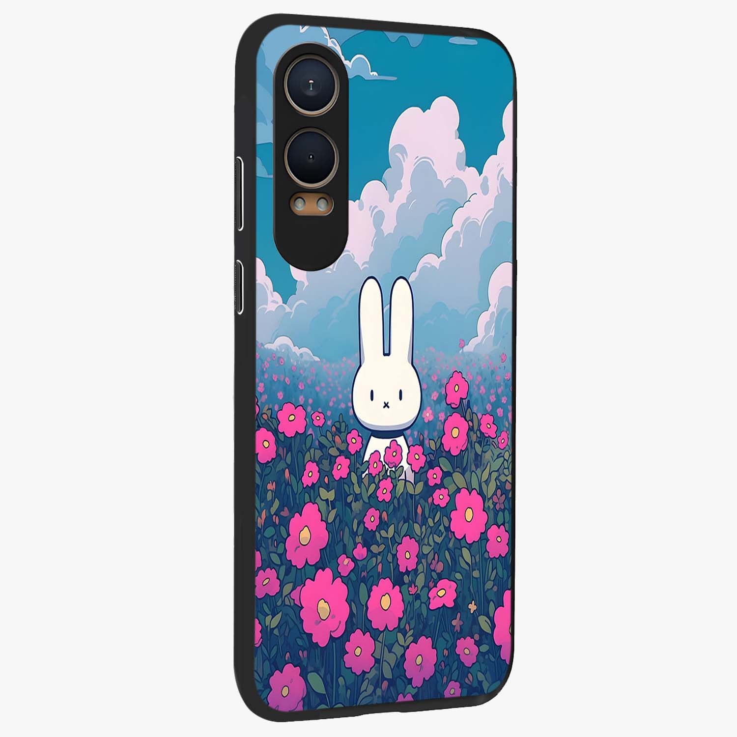 Springtime Blossom Bunny Glass Case for 1+Nord Ce 4 Lite side perspective highlighting charming illustration textures and premium edges