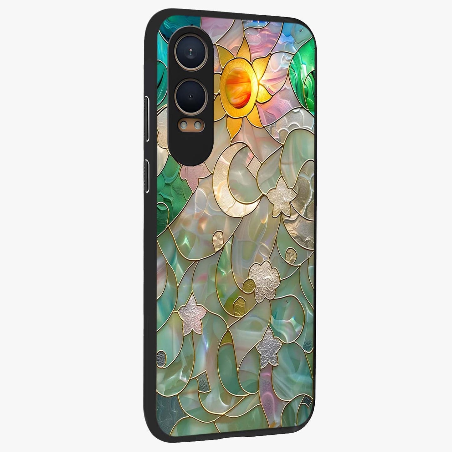 Stained Sunrise Glow Glass Case for 1+Nord CE 4 Lite side perspective highlighting luminous textures and sleek premium build