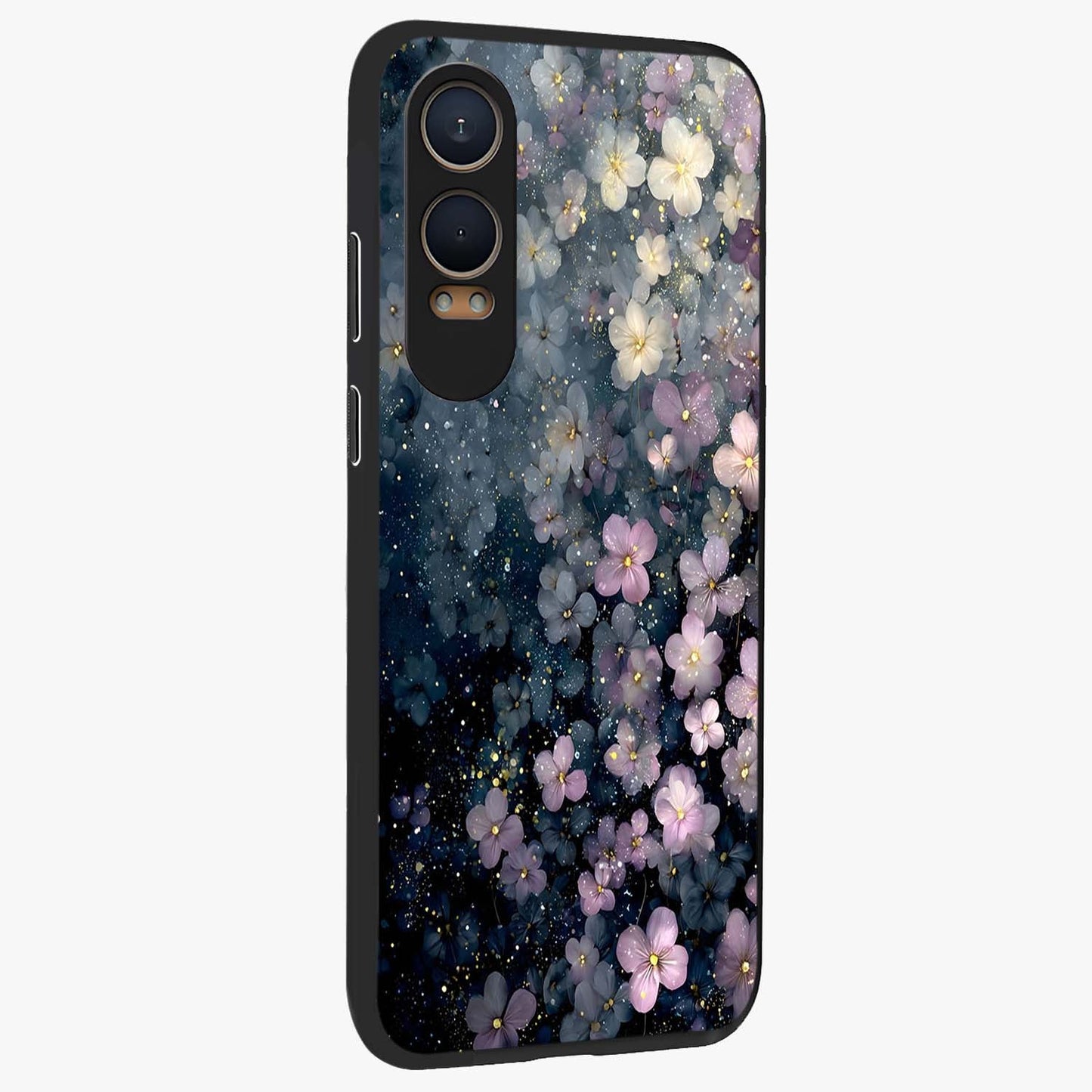 Starlit Blossom Dreams Glass Case for 1+Nord CE 4 Lite side perspective highlighting delicate bloom textures and smooth build