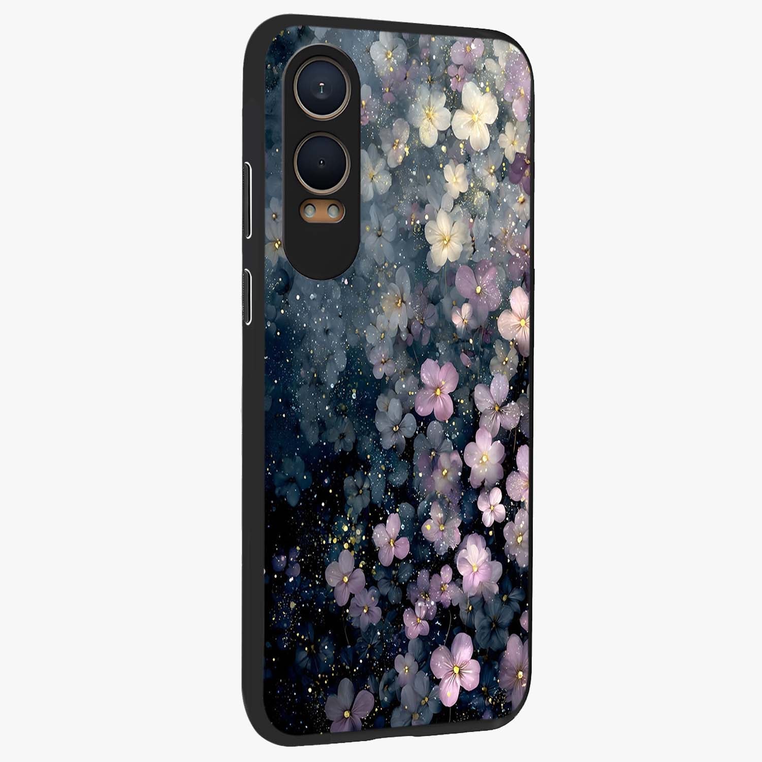 Starlit Blossom Dreams Glass Case for 1+Nord CE 4 Lite side perspective highlighting delicate bloom textures and smooth build