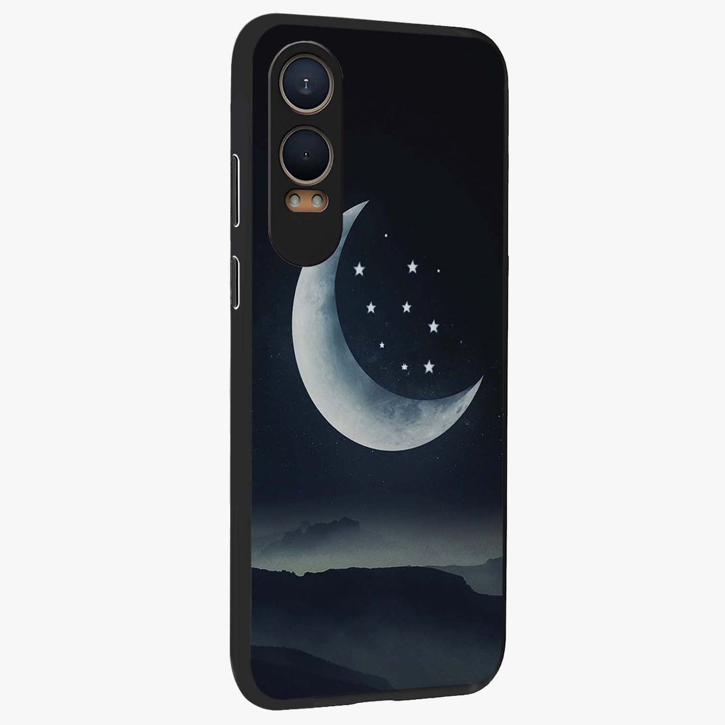 Starry Moon Pattern Glass Case for 1+Nord Ce 4 Lite side perspective highlighting celestial textures and premium edges
