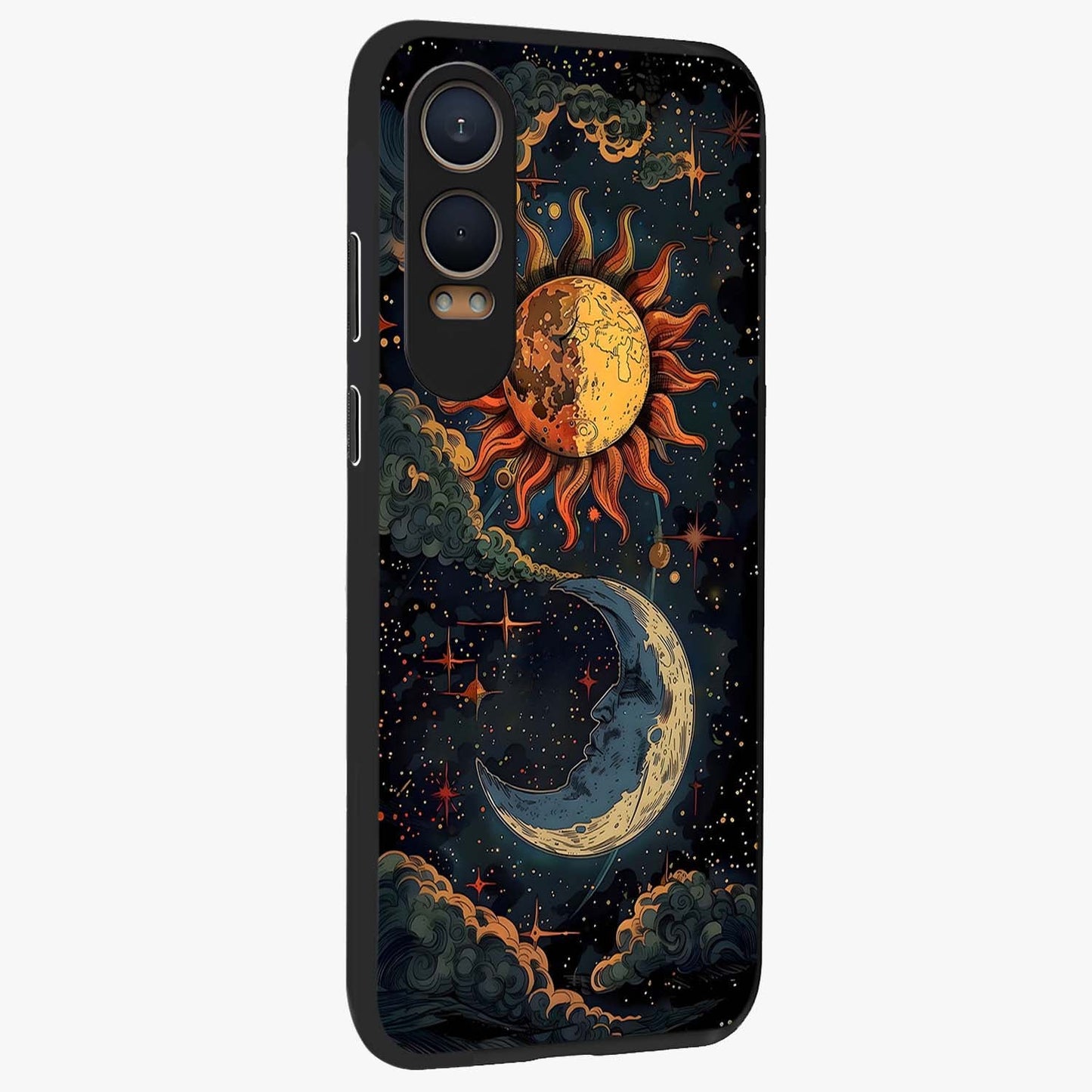 Sun and Moonflowers Glass Case for 1+Nord Ce 4 Lite side perspective highlighting colorful bloom textures and smooth build