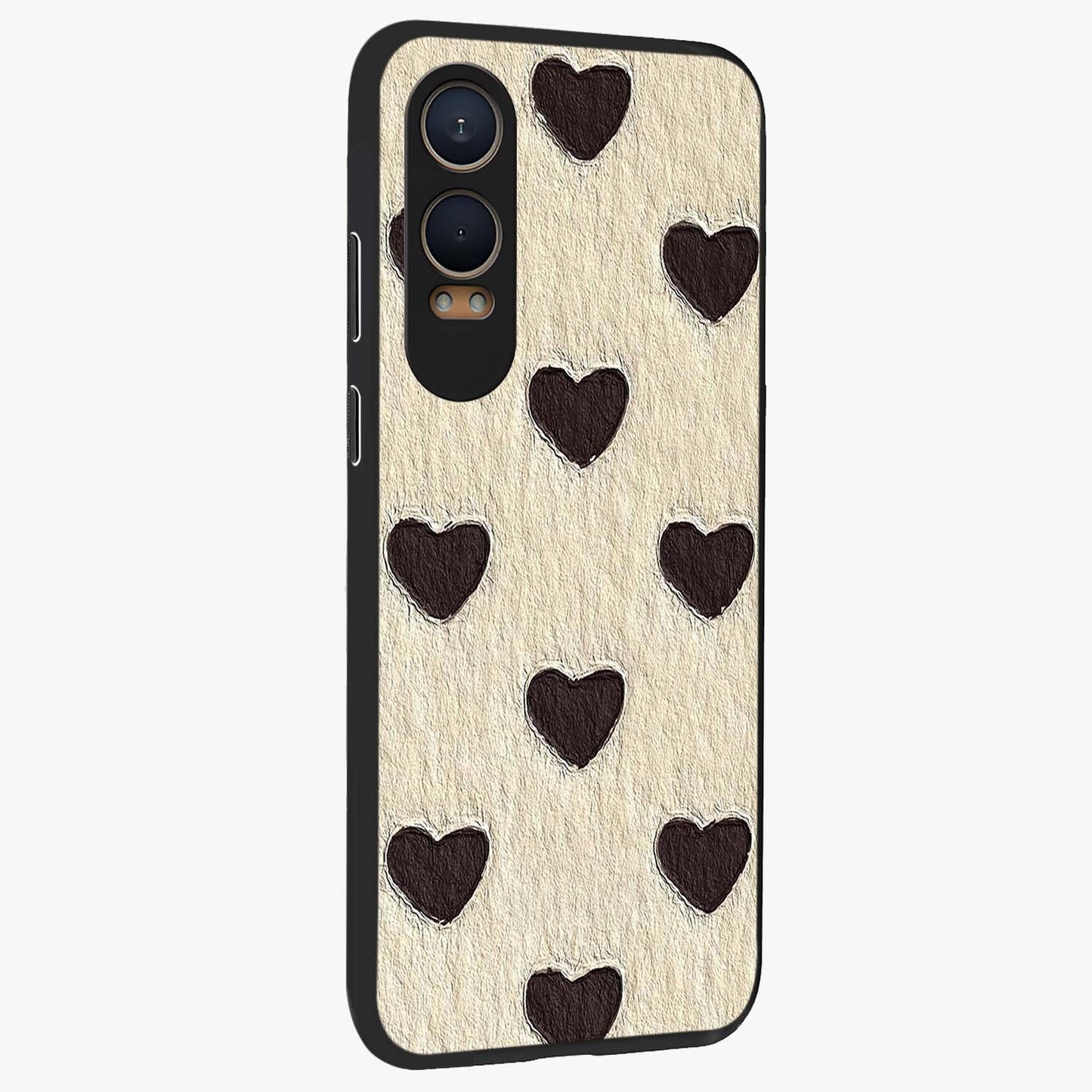 Textured Love Pattern Glass Case for 1+Nord Ce 4 Lite side perspective highlighting soft textures and smooth premium build