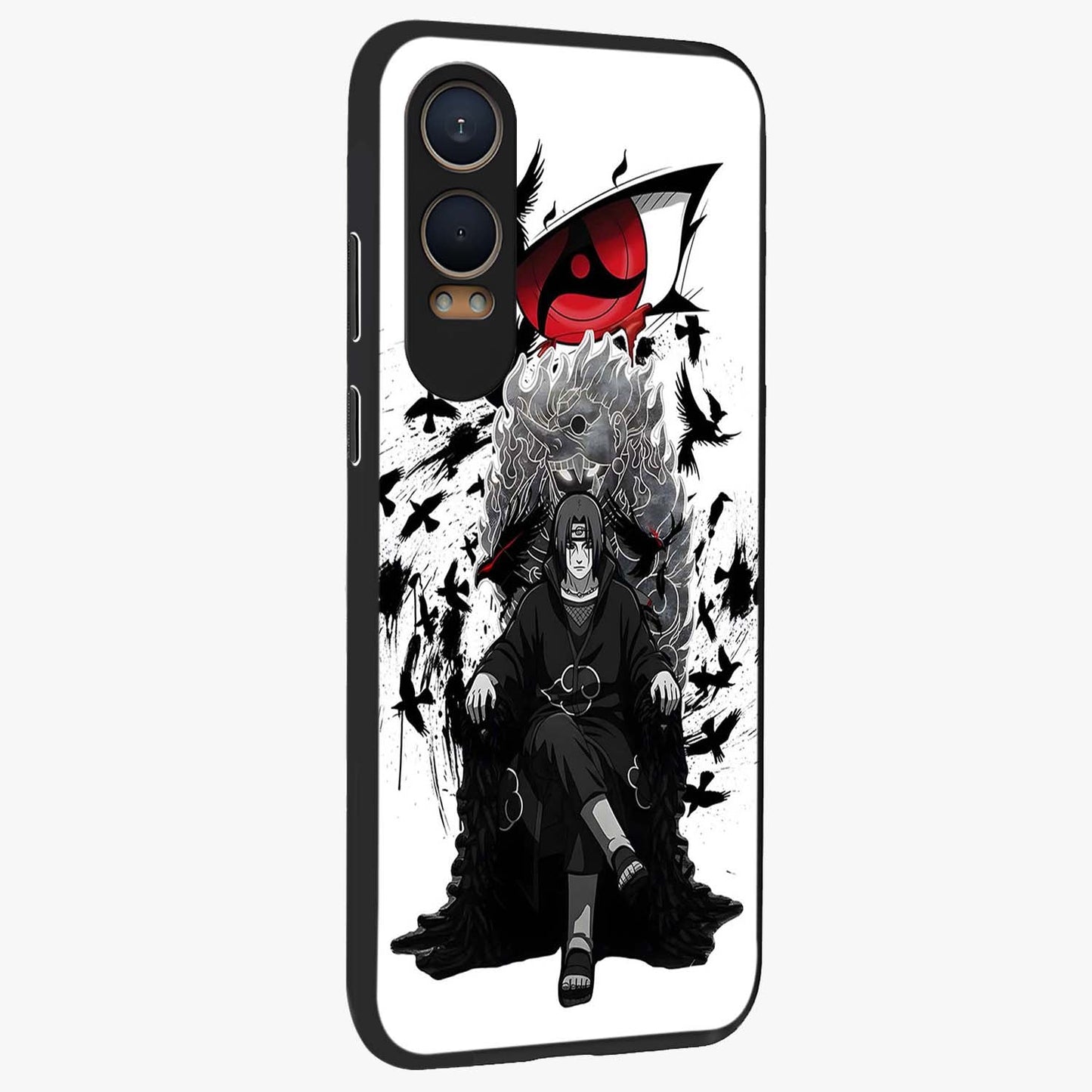 Uchiha Shadow Throne Glass Case for 1+Nord Ce 4 Lite side perspective highlighting bold character textures and premium edges
