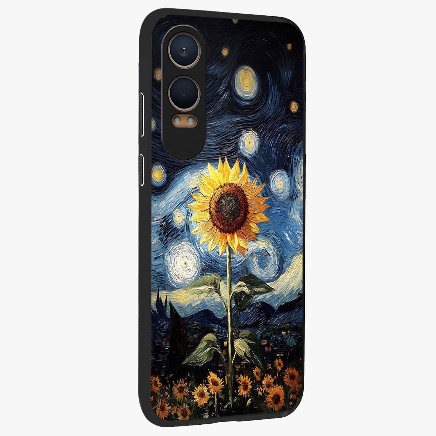 Van Gogh Sunflower Glass Case for 1+Nord Ce 4 Lite side perspective highlighting textured brushstroke details and premium edges