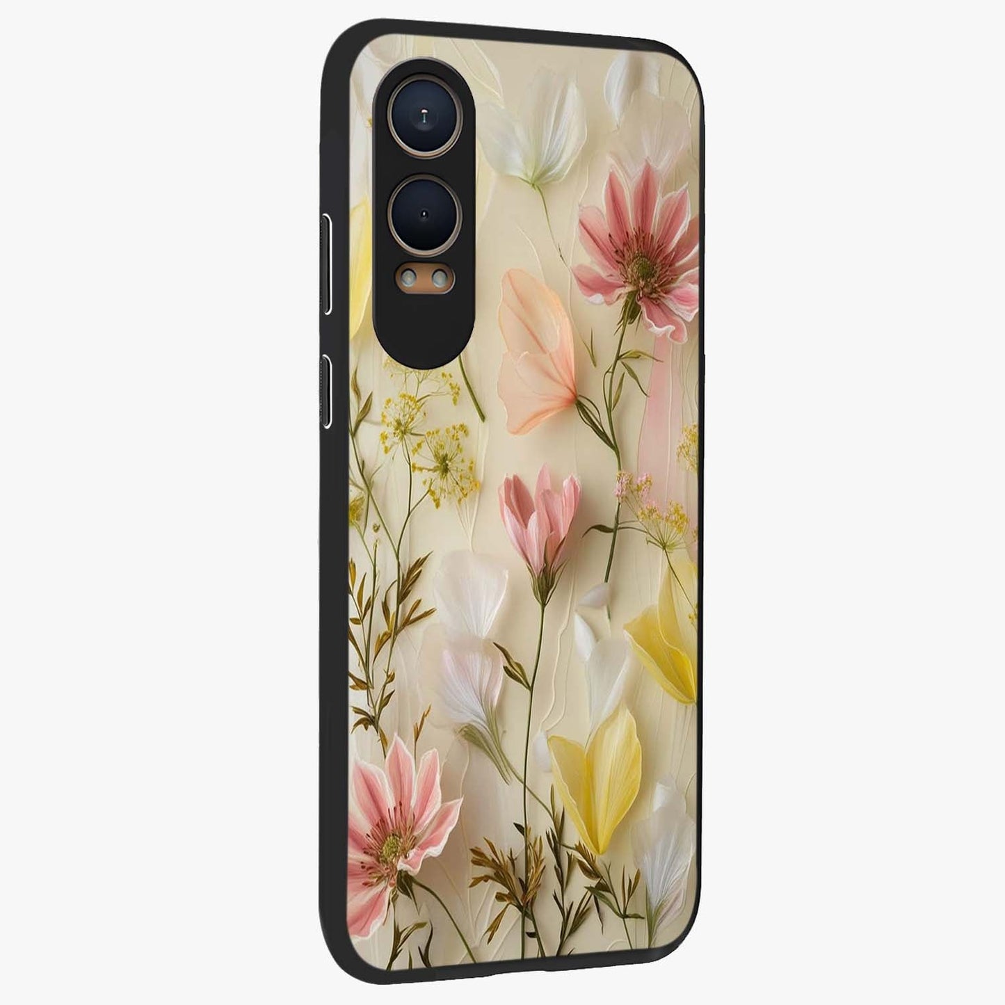 Whispering Petal Harmony Glass Case for 1+Nord Ce 4 Lite side perspective highlighting refined textures and premium edges