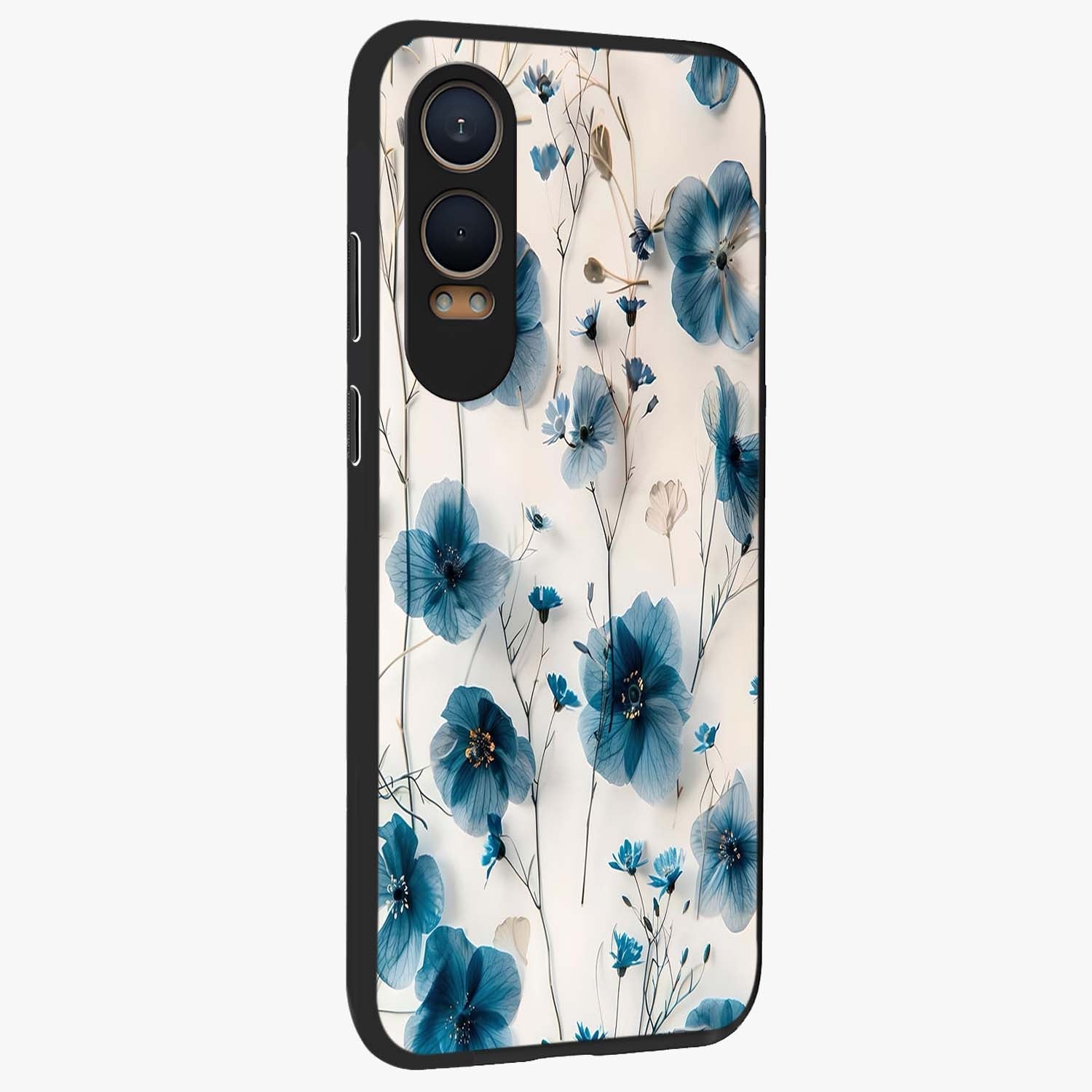 Whispers of Blue Bloom Glass Case for 1+Nord Ce 4 Lite side perspective highlighting intricate bloom textures and premium edges