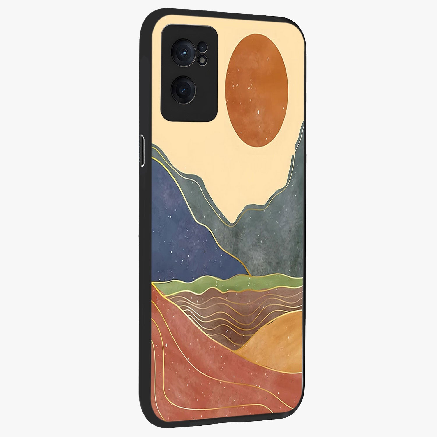 Abstract Mountain Glow Glass Case for 1+Nord CE 2  angled mockup showcasing glossy glass finish and scenic gradient tones